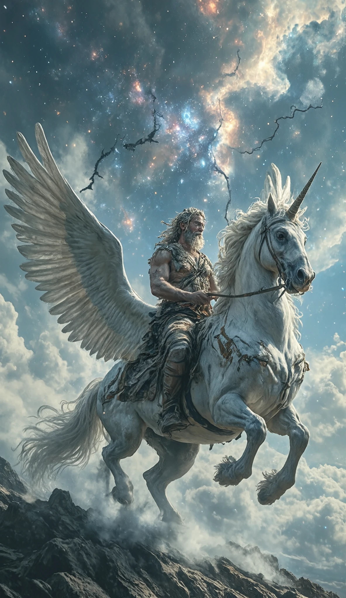 (Super realistic photograph, Detailed Fantasy art). dramatic shot, (A Poseidon riding a Pegasus appears from the cracked sky, the crack is high detailed, A galaxy is visible through the cracked sky, Poseidon wears ragged robes, the real sky and landscape background, Pegasus is growing horn, like a unicorn, Pegasus has big angelic wings.