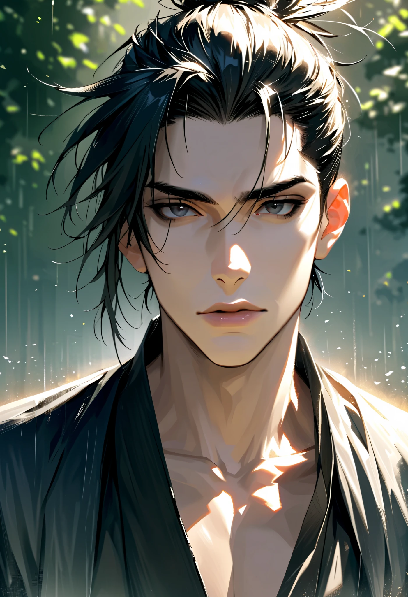 ( absurd, Hi-Res, Super detailed, masterpiece, Best Quality, Semi-realistic), face focus , Alone, 1 male, handsome, beggar, 25-year-old male, Black Hair , Top Knot, slicked-back hair, dark eyes, Pure white hanboku, look uneasy