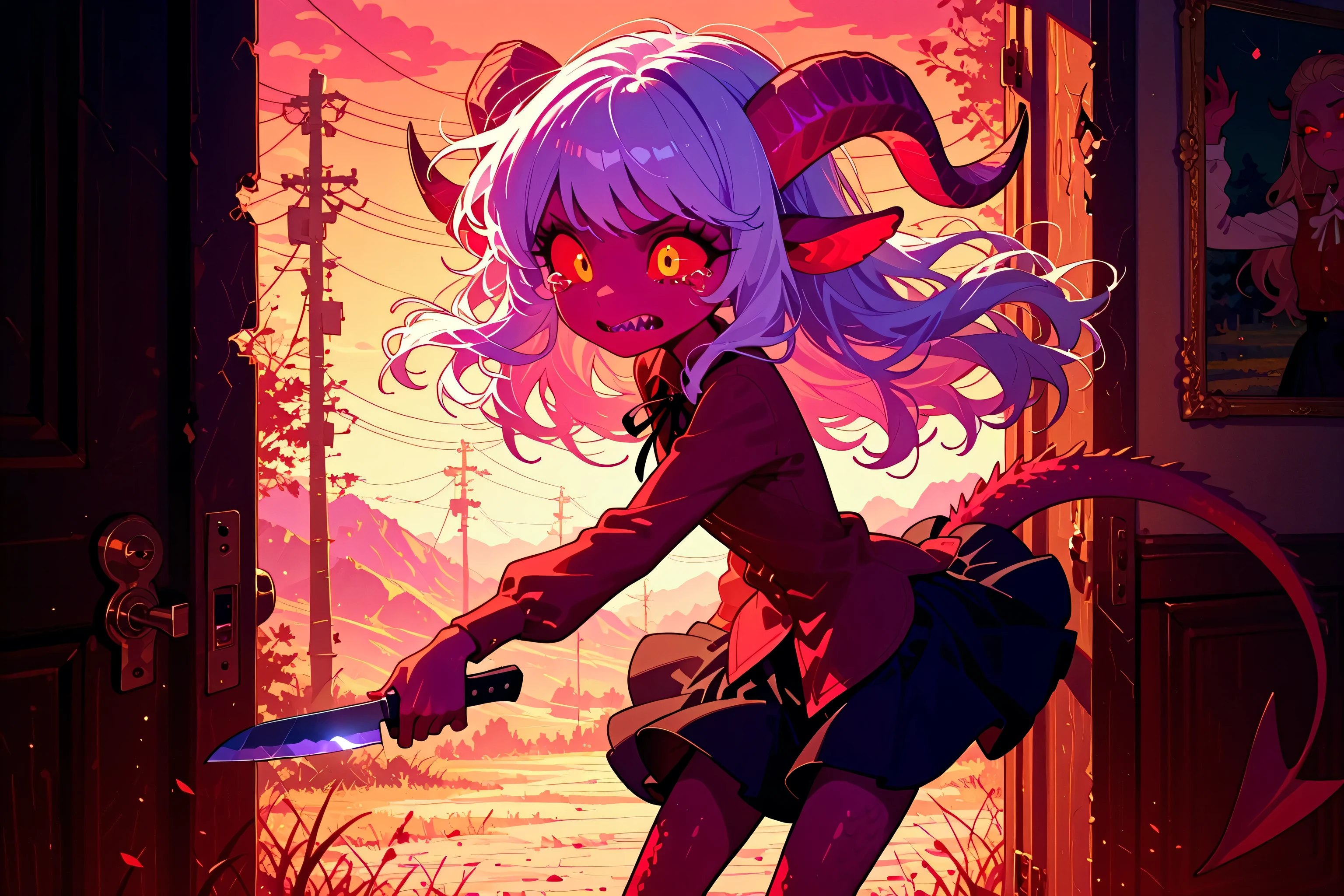 (solo), digital illustration, vivid, char1 breaks in  holding a knife with both hands;[char1=" Mrs Mayberry, very slim, satyr, velvet skin slightly bowing, wears black skirt and red shirt, white hairs, (red sclera and yellow irirds), small and thing irids, sharp teeth. very upset, demon's_girl tail, tears:1.3, hooves"], stand in fron of a broken door, in the hell scenario, masterpiece, breathtaking, high detailed, dynamic, dramatic, trending art, best quality, detailed knife, landscape:1.25, 