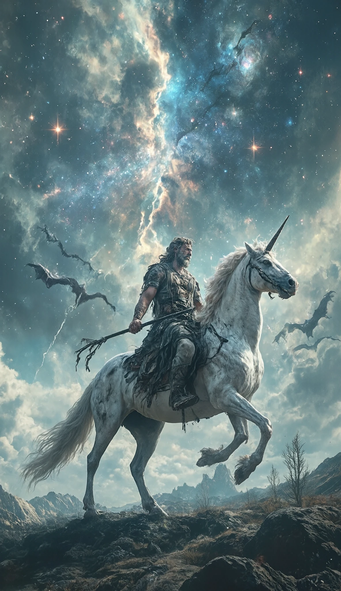 (Super realistic photograph, Detailed Fantasy art). dramatic shot, (A Poseidon riding a Pegasus appears from the cracked sky, the crack is high detailed, A galaxy is visible through the cracked sky, Poseidon wears ragged robes, the real sky and landscape background, Pegasus is growing horn, like a unicorn, Pegasus has big angelic wings.