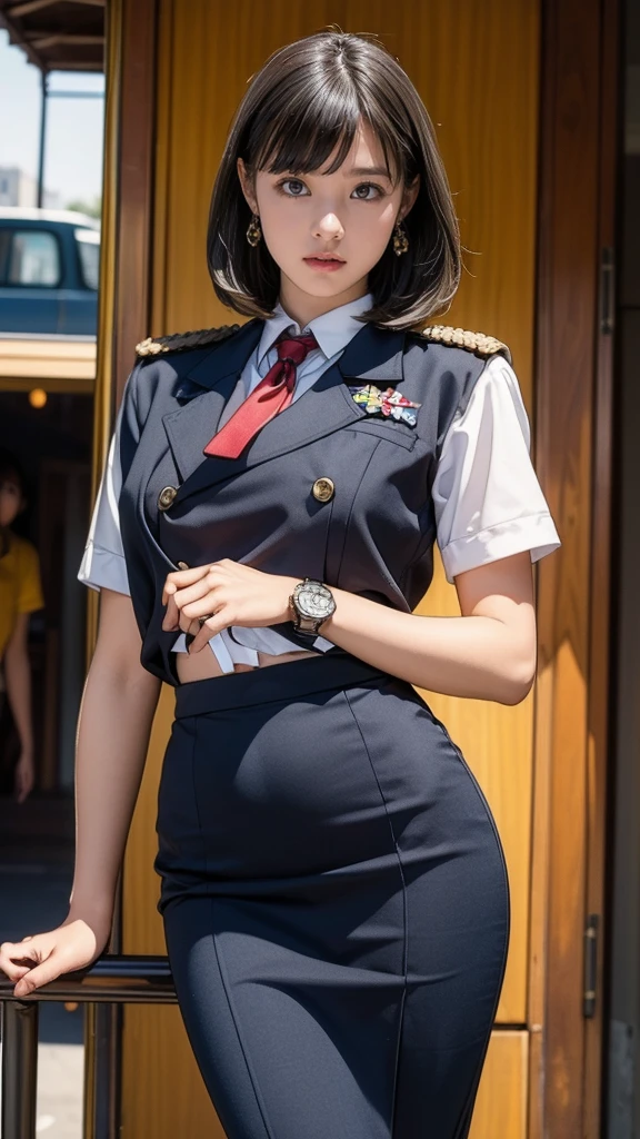 最high quality, masterpiece, 32K、Very detailed、Realistic、1 girl, Japanese women、Elegant and sexy outfits from Paris Fashion Week、Light blue military uniformのコスチューム、Futuristic sexy costume, Light blue military uniform、US Army uniform hat、Light blue military uniform、Class seal、Light blue military uniformの帽子をかぶっている(military uniform hat), Cute Face, (photo Actual:1.3),Edge lighting, (Skin with attention to detail:1.2), 8k超High resolution, Single-lens reflex camera, high quality, High resolution, 4K, 8k, Optimal ratio of four fingers to one thumb, (Actual:1.3), cute 1 person, Realistic、Super Realistic、32K、Very detailed、masterpiece, 最high quality, beautiful girl, beauty、Gorgeous, Big Breasts, Big Ass, Tight waist, Spread your legs, Plenty of facial detail, City of the Future, Very detailedな, High resolution, masterpiece, high quality, High resolution,