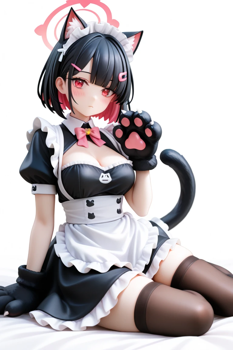 <lora:angy:1> , angy, 1girl, animal ear fluff, animal ears, apron, bangs, black dress, black footwear, black gloves, black legwear, blunt bangs, breasts, buckle, cat ears, closed mouth, crossed legs, dress, eyebrows visible through hair, foreshortening, full body, garter straps, gloves, grey eyes, high heels, highres, holding, juliet sleeves, large breasts, long sleeves, looking at viewer, maid headdress, official alternate costume, puffy sleeves, shoes, shoes removed, short hair, silver hair, simple background, sitting, smile, solo, thigh-highs, white apron, white background, woodsbench