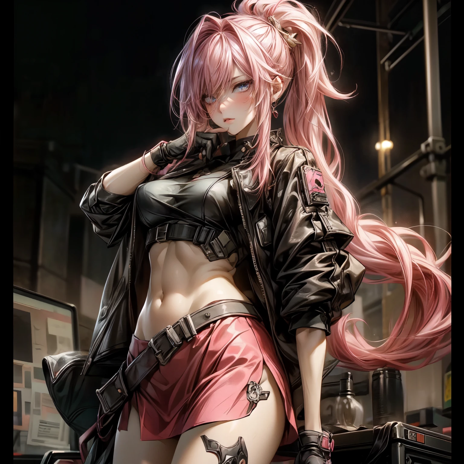 Best Quality, Realistic, Realistic, Award-Winning Illustrations, (Intricate Details: 1.2), (Fine Details), (Intricate Details), (Cinematic Light, Best Quality Backlight), Clear Lines, Sharp Focus, Official Art, Unity 8k Wallpaper, Ridiculous, Incredibly Ridiculous, Fantasy Art, RTX,long hair, 1girl, hair ornament, twintails, solo, breasts, blue eyes, cleavage, bow, bear hair ornament, necktie, blonde hair, smile, bangs, large breasts, looking at viewer, collarbone, shirt, nail polish, red bow, black shirt, underwear, bra, skirt, choker, black bra, sleeves rolled up, white necktie, red nails, open mouth, pleated skirt, red skirt, shiny, teeth, medium breasts, miniskirt, shiny hair, upper body, school uniform, pink hair, boots, upper teeth only, plaid skirt, blush, knee boots, plaid, black footwear, cross-laced footwear, junko enoshima 