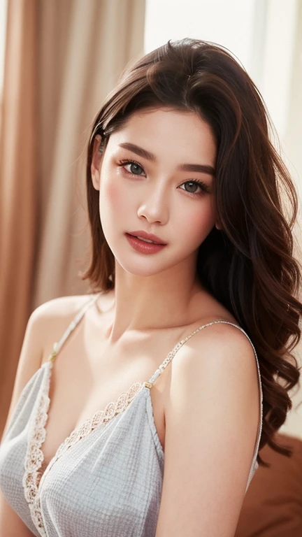 a gorgeous busty woman, beautiful detailed eyes, beautiful detailed lips, extremely detailed face, long eyelashes, lingerie, nightie, beautiful detailed smile, beautiful detailed teeth, POV, lover, cinematic dramatic lighting, (best quality,4k,8k,highres,masterpiece:1.2),ultra-detailed,(realistic,photorealistic,photo-realistic:1.37),HDR,UHD,studio lighting,ultra-fine painting,sharp focus,physically-based rendering,extreme detail description,professional,vivid colors,bokeh,portrait,photorealistic,cinematic