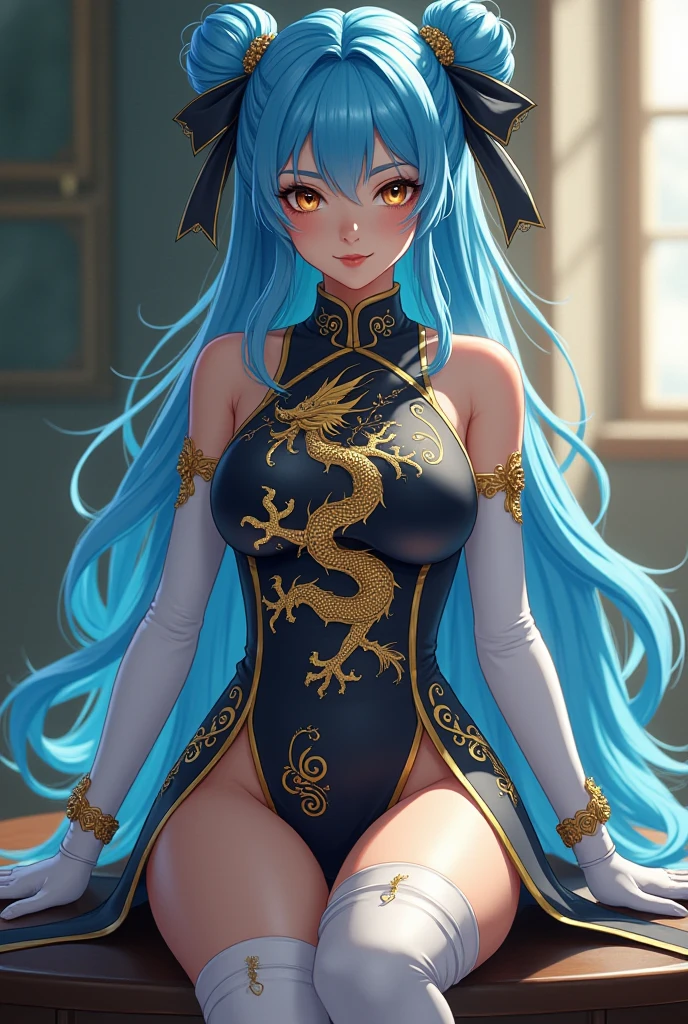 cute young girl, light blue hair, long hair, small braids hair, yellow eyes, dragon horn, dragon tail, elf ear, muscular body, small breast, sexy chinese outfit, cute pose