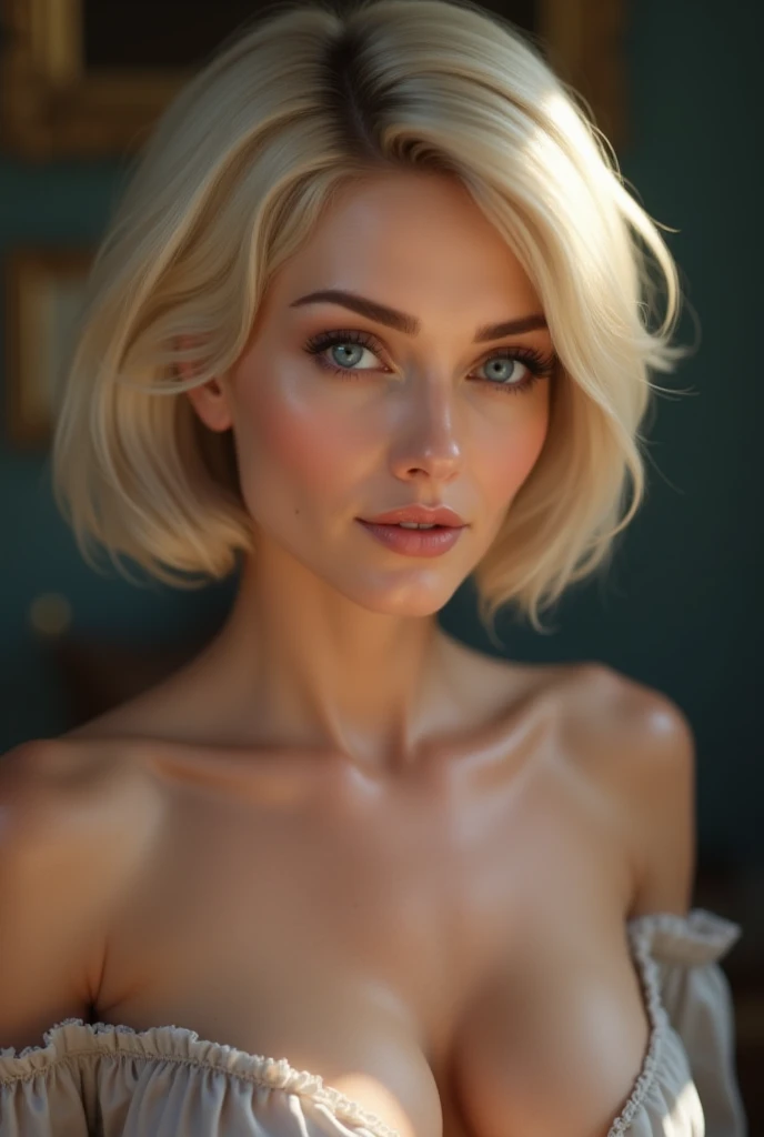 smiling woman、big breasts、short blonde hair、pure white skin、albino、19 year old female、Foxy European Woman, gradient hair, Gorgeous clothes, , snowflake, natural skin texture, 4K texture, soft movie-like light, photo lab, Complex, elegant, very detailed, sharp focus, ((((cinematic look)))), pleasant tone, Complex details, low contrast, soft movie-like light, exposure blend, HDR, faded, very detailed, Backlight, cowboy shot, 85mm, close, shine, Awards, highest quality, 4K