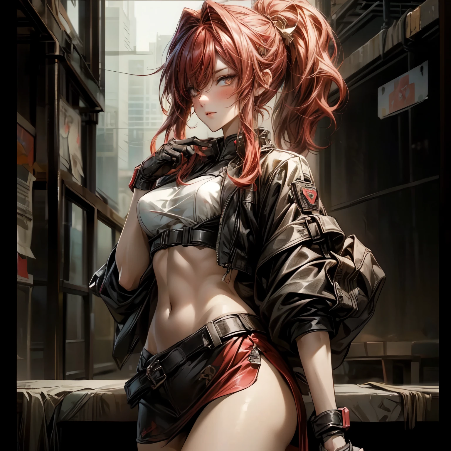 best quality,4k,8k,highres,masterpiece:1.2),ultra-detailed, extremely detailed eyes, extremely detailed body, (large masterpiece digital art), (detailed manga illustration), (detailed line art), ((perfect anatomy)), (intricate details:1.3), (ultra-detailed:1.3), (illustration:1.3), (sharp focus:1.3), (natural lighting:1.05), (vivid colors:1.3), (masterpiece), (best quality:1.4), (perfect anatomy:1.4), high quality, expressive eyes, full body, detailed face, beautiful face, perfect face, 1 girl, breasts, cleavage, gloves, large breasts, ultramarine jacket, very long hair, thigh length hair, ({dark skin}), dark-skinned female, detailed ((red hair)), messy hair, green eyes, gloves, jacket, hourglass physique, casual outfit, denim shorts, sneakers, graphic t-shirt, dynamic lighting, cityscape background curvy, Atey Ghailan, Jeremy Mann, Greg Manchess, Antonio Moro, trend in ArtStation, trend in CGSociety, Intricate, High Detail, Sharp focus, dramatic and photorealistic painting art by Midjourney and Greg Rutkowski, Jeff Bridges, ((cartoon style)), Marvel Cinematic Universe style, (((Boston in the background))), soft bokeh of Boston