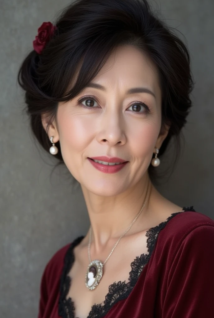 A close-up of a 48-year-old Japanese woman with an elegant, middle-aged appearance, featuring voluminous classic updo hair with small roses. She is wearing a deep red velvet dress with black lace accents and a cameo brooch at her . Her face shows fine laugh lines, a natural yet polished look with lipstick, eyeliner, mascara, and subtle eyeshadow. The background is a simple gray wall with soft light. Her expression is gentle, and the image is rendered with high resolution, sharp focus, realistic detail, and exceptional beauty. Depth of field and photorealistic rendering enhance the ultimate elegance