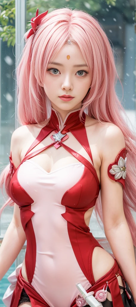beautiful girl pink long hair . sexy red outfit