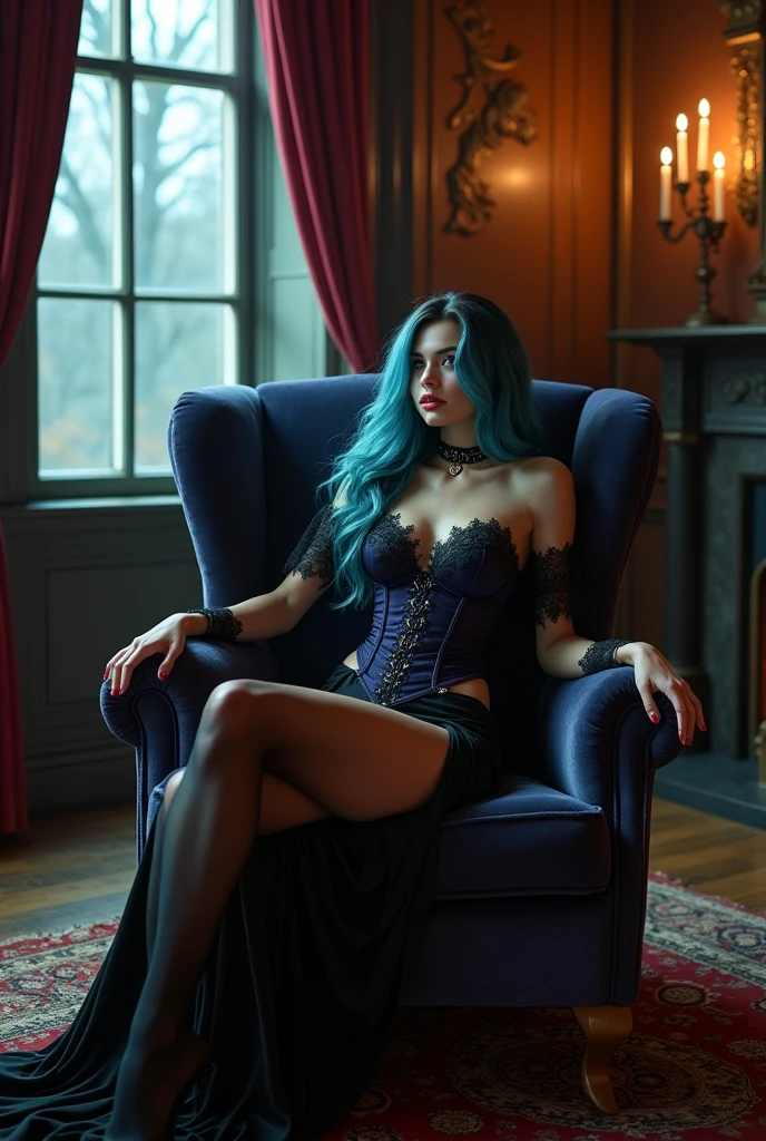 A very angry and cruel German woman, with very white skin, blue-black hair, dressed in a black miniskirt, white gloves, luxury jewelry, black fishnet stockings, pretty feet with black nails, is sitting on a bench smoking a cigarette, while He rested his feet on the head of a black-skinned Indian boy, dirty, starving, bleeding, dressed in dirty clothes, lying on the ground while crying with his mouth open.
At the back is a luxurious room with a dressing table.