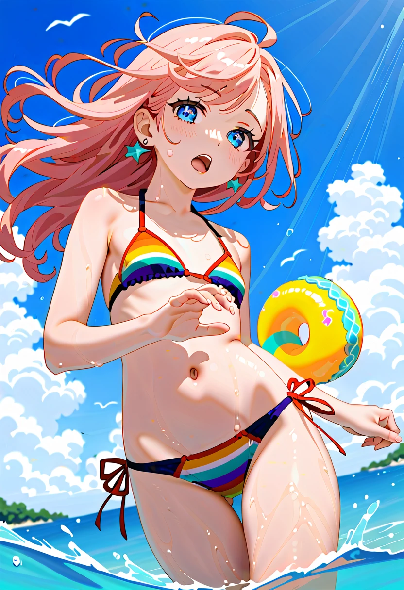 masterpiece, Highest quality, Highly detailed CG Unity 8K wallpapers, High School Girl Anime Illustration. She is wearing a rainbow-colored swimsuit、She is making a peace sign、Pink Hair、she has her eyes closed and mouth open, smile. The background is a light pastel colored landscape、Watercolor digital art, I'm a little embarrassed