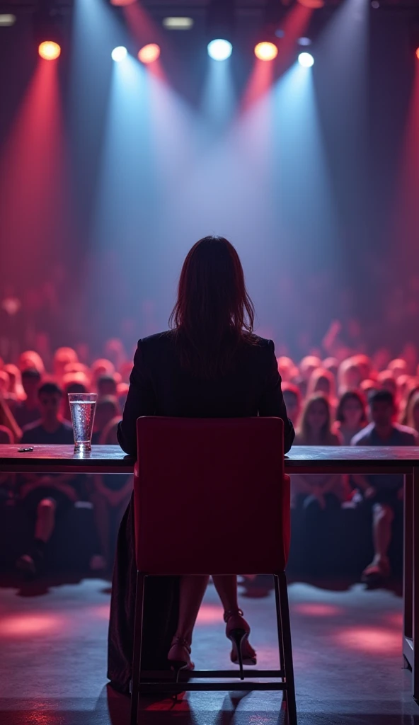 a jury of a talent show she is at a modern table on the table a glass of water he is facing the camera, in the blurred background spotlights and an audience, ultra realistic image in vivid colors and in 4k