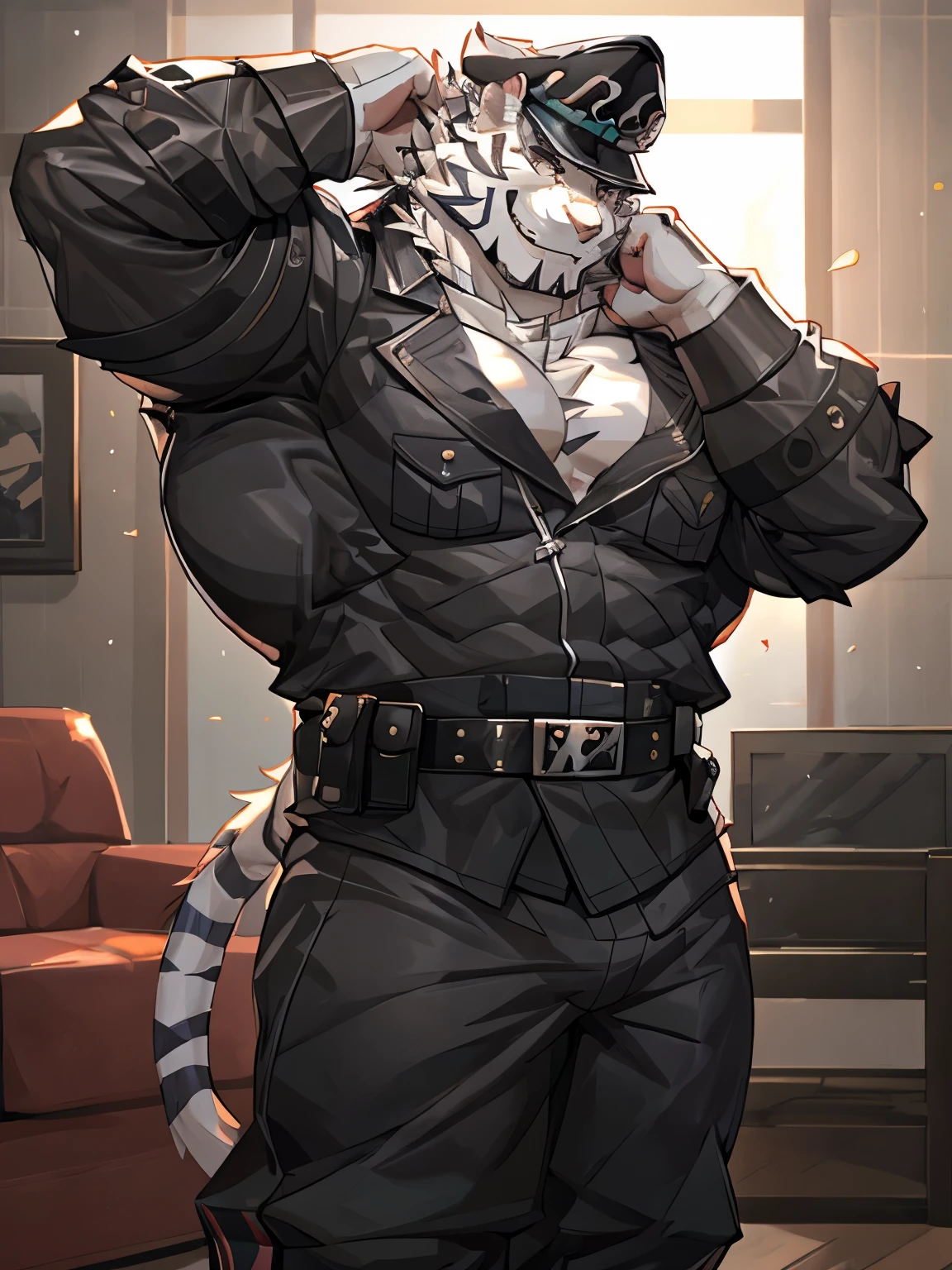 Jin Qiu prison officer uniform , handsome, man, anthropo, ultradecolated , muscular, Alone , nakedness, rippling muscles, muscles, Living room background , cola, smiling, shirtless, big pecs , flexing, watching the spectator , Thong, hands behind the head , underwear , without hat,