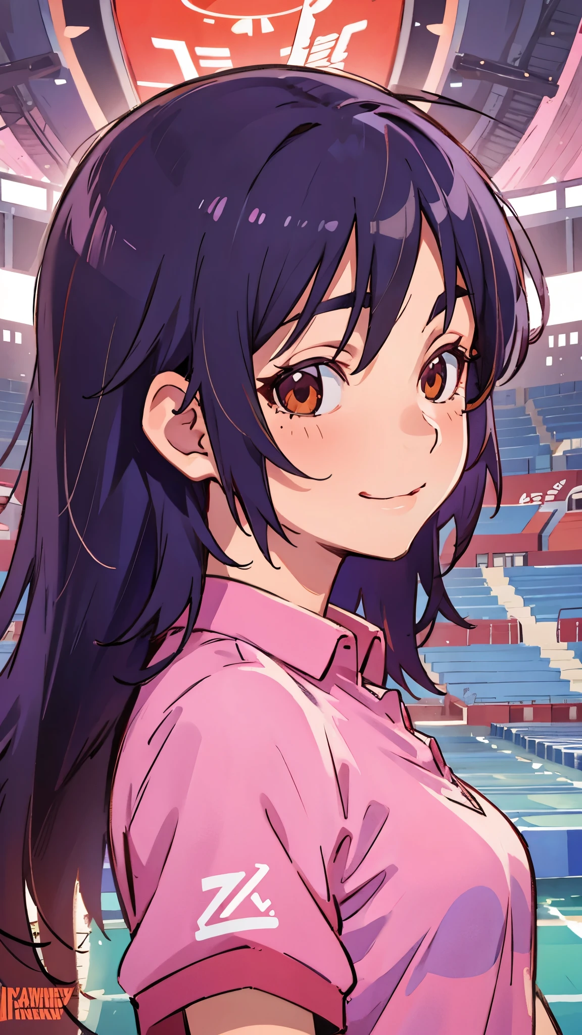 One girl、Anime drawings、Indigo Hair、 boyish shortcuts、 beautiful brown eyes 、 bright color、 pink polo shirt facing in that direction、smile、 upper body closeup、profile、stadium stand background