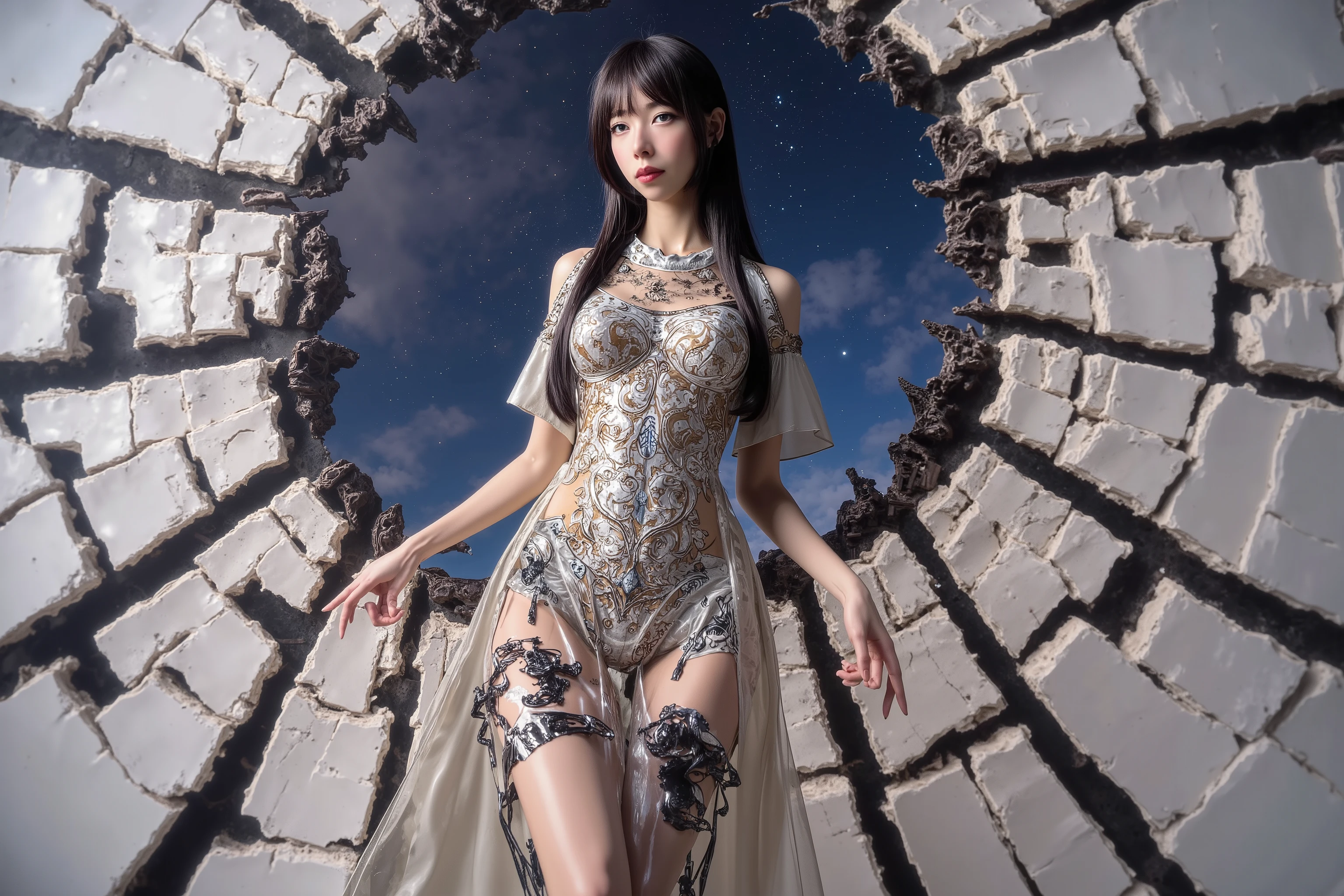 A piecemeal ceramic woman (disturbed, cute, mismatched eyes, she has obvious cracks and sections replaced with mismatched clothing or skin, ornate Chinese dress) she is a gorgeous harbinger of madness. As she strides towards the viewer the sky is cracked behind her like a broken eggshell with part of the sky being a sunny day and the other half is piecemeal glimpses of a deep night sky, ultra realistic, surreal horror