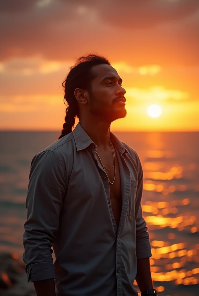 Taino warrior man looking out into the sunset on the pristine shores of Ayiti