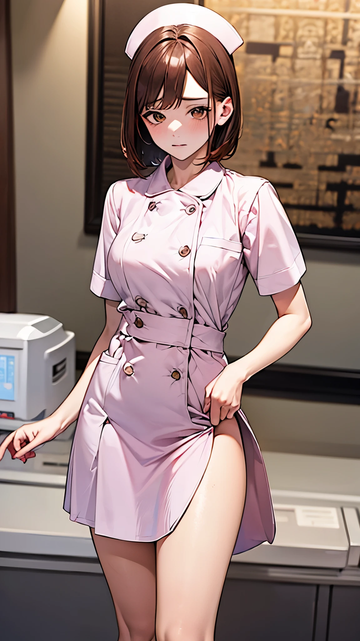 ((((perfect ???????, anatomically correct, super detailed skin)))), 1 girl, japanese, 19 years old, nurse, white skin, shiny skin, large breasts:0.5, watching the view, (smile:1.5), 
beautiful detailed eyes, (short hair:1.2, bob cut:1.2), blonde hair, blue eyes, pink lips, babyface, mole under eye, 
((nurse cap, short sleeves, light pink nurse wear, ((white legwear, zettai ryouiki)), white gloves)), 
(beautiful scenery), day time, , ((inside hospital bed-room, modern)), standing, ((holding medical records)), 
(8k, best quality, masterpiece​, ultra-detailed, ), (photorealistic:1.2), illustration, cinematic lighting,