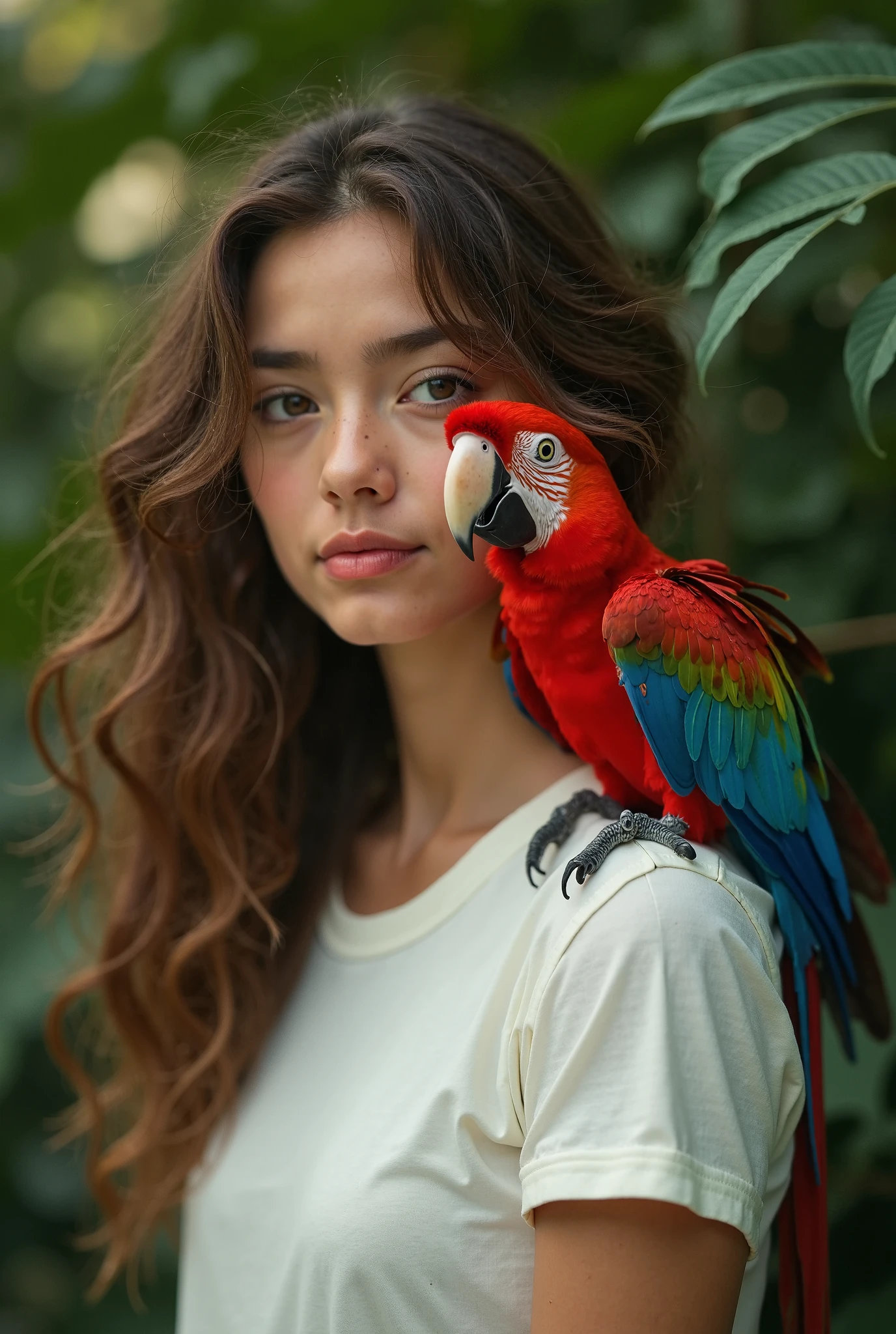 from below,photo of a 18 year old girl,standing,a parrot standing on her arm,happy,ray tracing,detail shadow,shot on Fujifilm X-T4,85mm f1.2,sharp focus,depth of field,blurry background,bokeh,lens flare,motion blur,<lora:add_detail:1>,