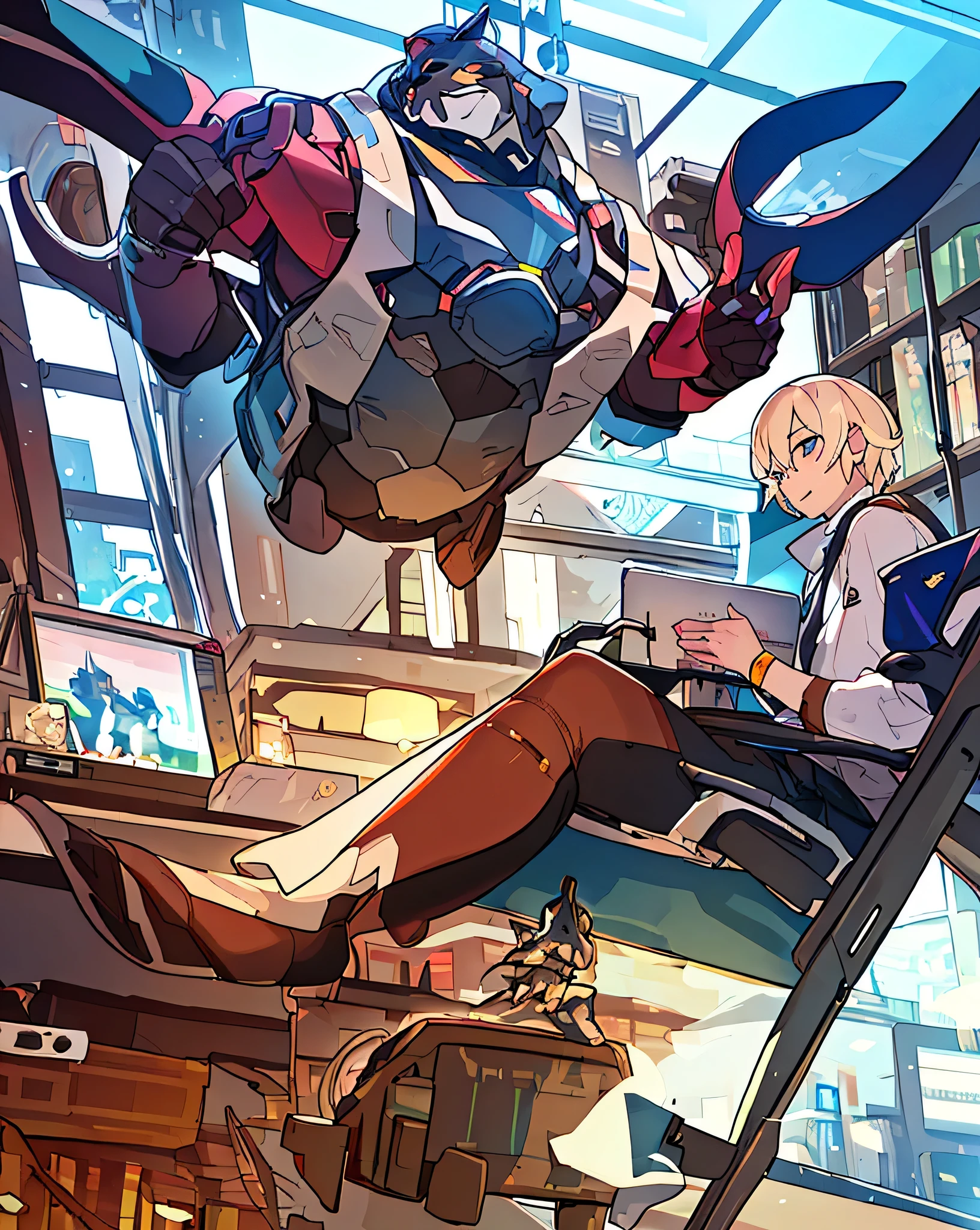 "Argo Northrop from Knights College, a muscular and rugged Wolf character with blue fur, wearing his school outfit and a relaxed, confident expression. The setting mirrors a cozy work environment, with Argo reclining at a desk cluttered with papers, a laptop, and a steaming cup of coffee. Sunlight pours through a nearby window, casting warm highlights and soft shadows over the scene. Argo's pose is casual, leaning back while surrounded by his work materials, evoking a sense of calm amidst the hustle."