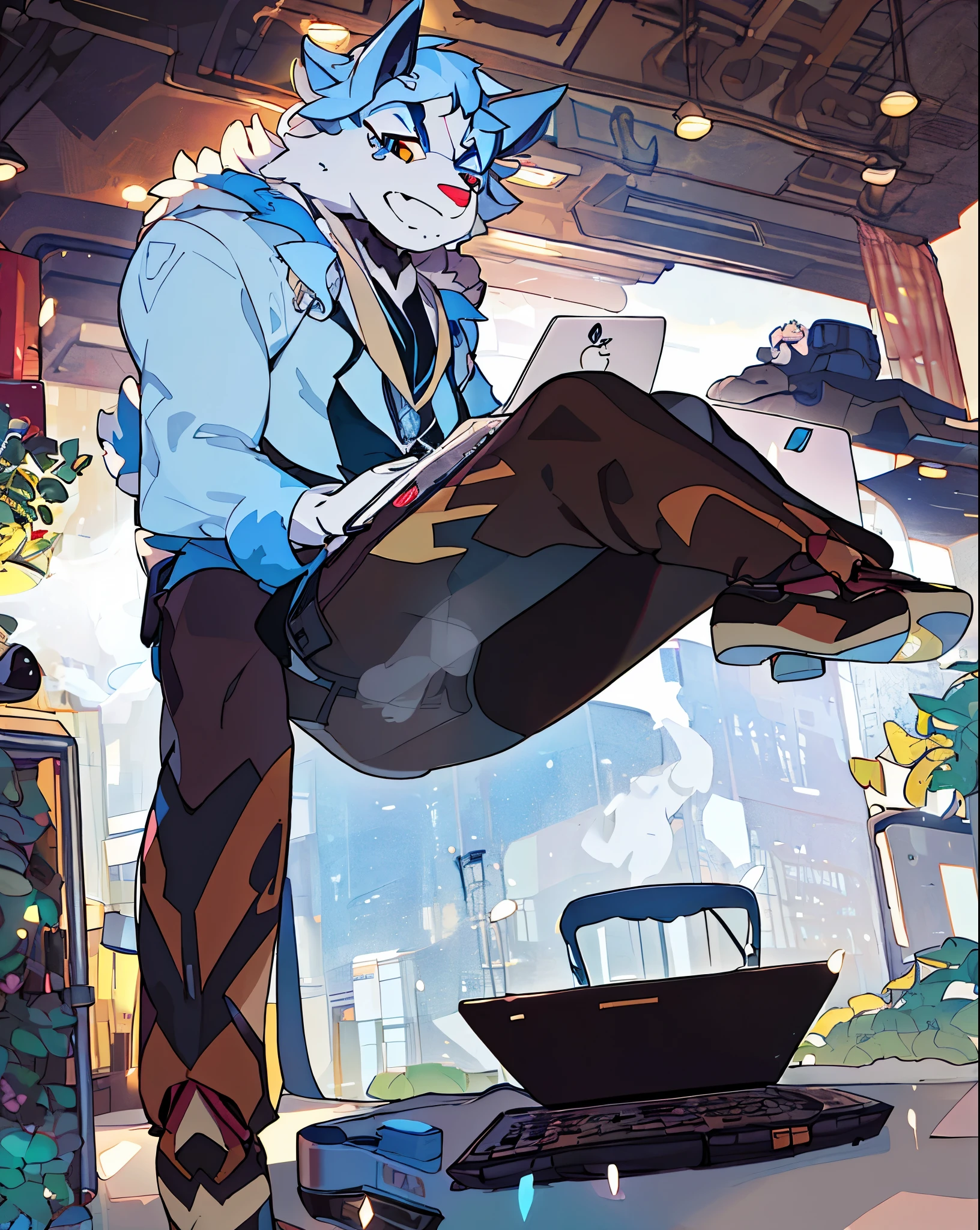 "Argo Northrop from Knights College, a muscular and rugged Wolf character with blue fur, wearing his school outfit and a relaxed, confident expression. The setting mirrors a cozy work environment, with Argo reclining at a desk cluttered with papers, a laptop, and a steaming cup of coffee. Sunlight pours through a nearby window, casting warm highlights and soft shadows over the scene. Argo's pose is casual, leaning back while surrounded by his work materials, evoking a sense of calm amidst the hustle."