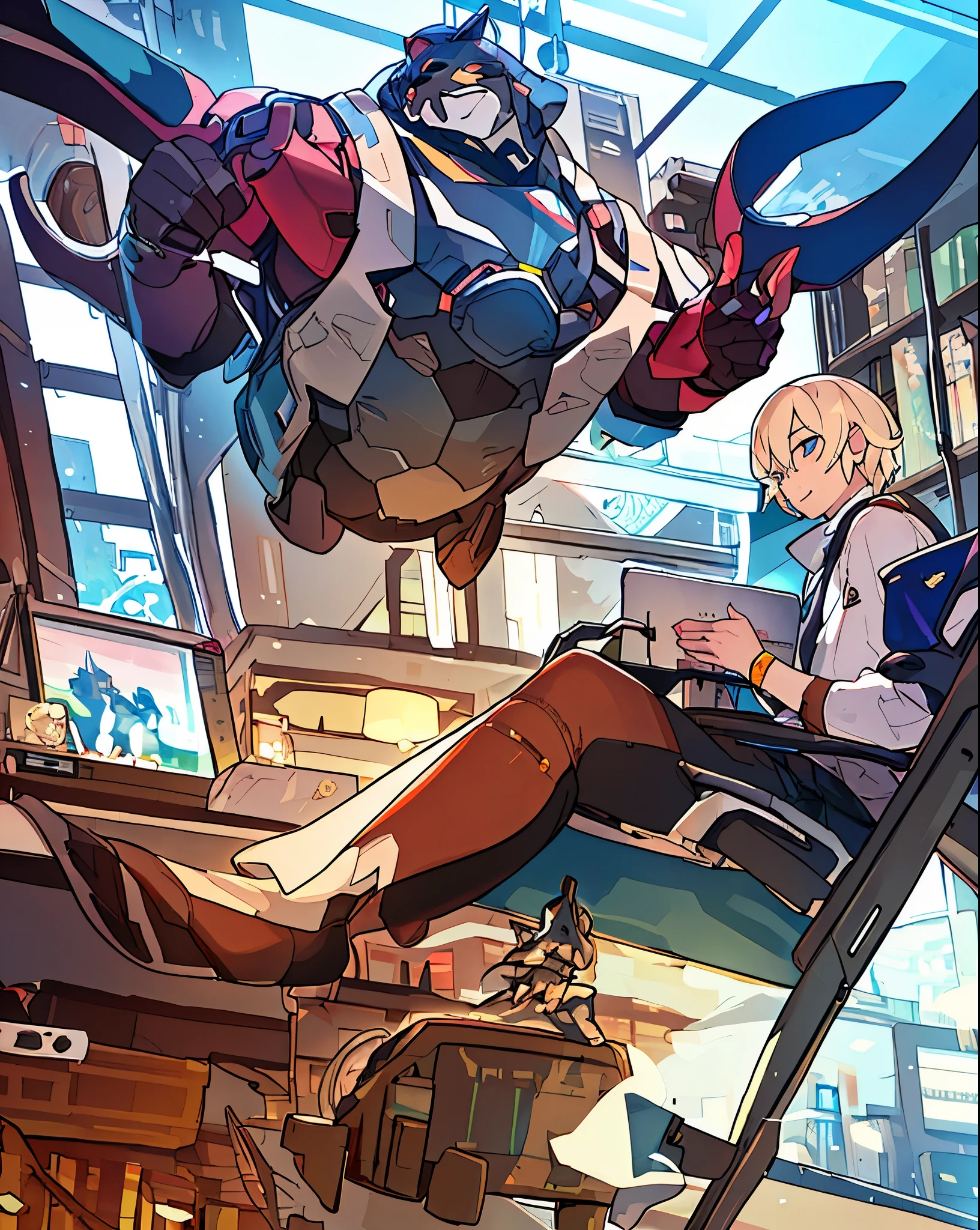 "Argo Northrop from Knights College, a muscular and rugged Wolf character with blue fur, wearing his school outfit and a relaxed, confident expression. The setting mirrors a cozy work environment, with Argo reclining at a desk cluttered with papers, a laptop, and a steaming cup of coffee. Sunlight pours through a nearby window, casting warm highlights and soft shadows over the scene. Argo's pose is casual, leaning back while surrounded by his work materials, evoking a sense of calm amidst the hustle."