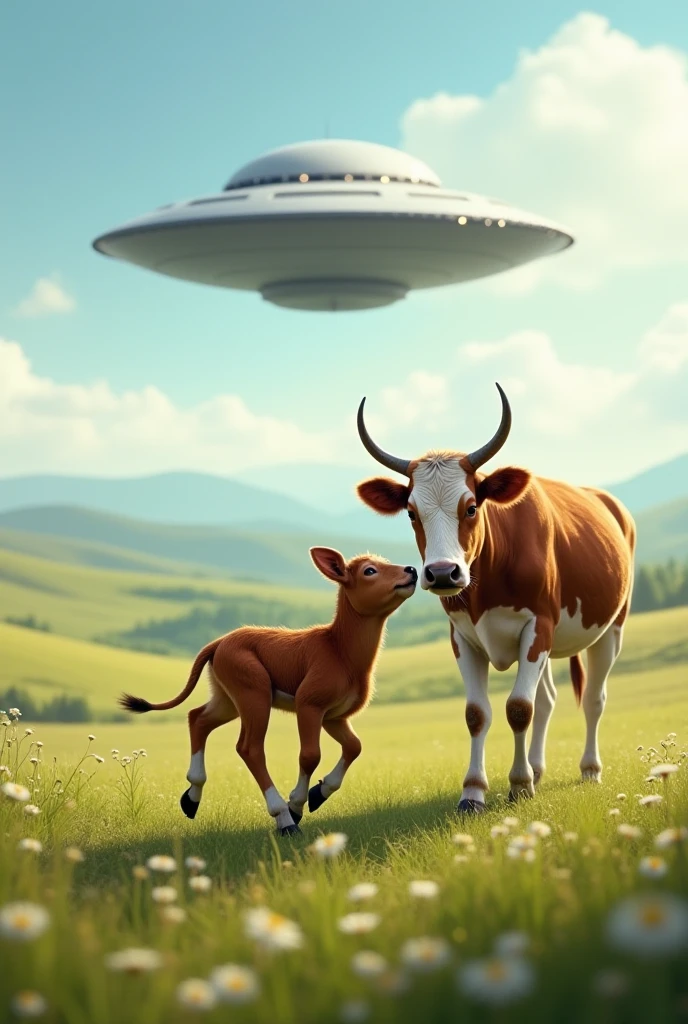 The calf being returned safely to the ground, running happily back to its mother, with the UFO in the background.