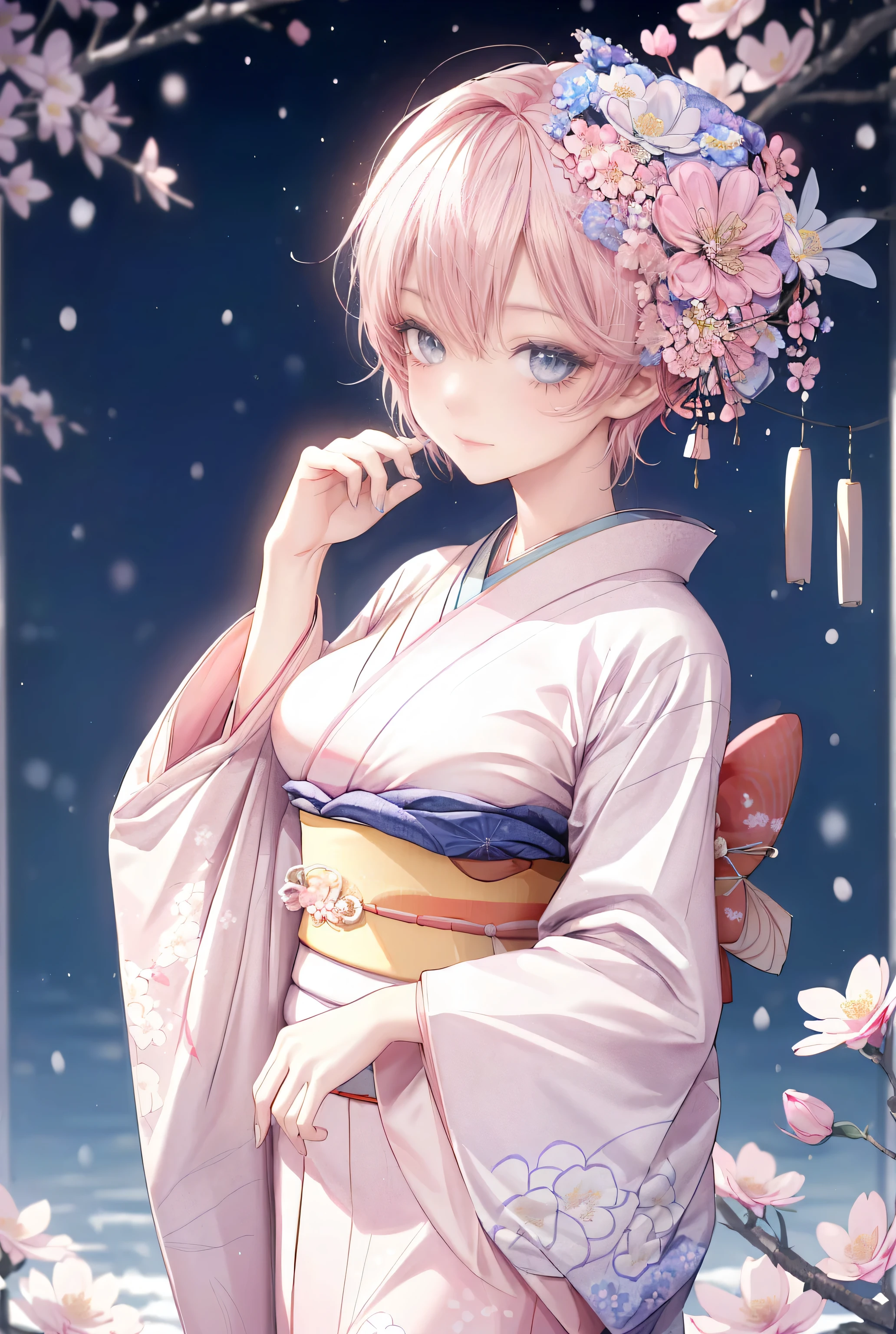 masterpiece,highquality,8k,ultladetail,
1girl,cute,(((pink short hair,blue eyes))),big breast,
(((wearing kimono,flower pattern))),(long sleeves),((furisode)),
kimono's colors are (pale light blue and pink),gorgeous,brilliant,
winter,