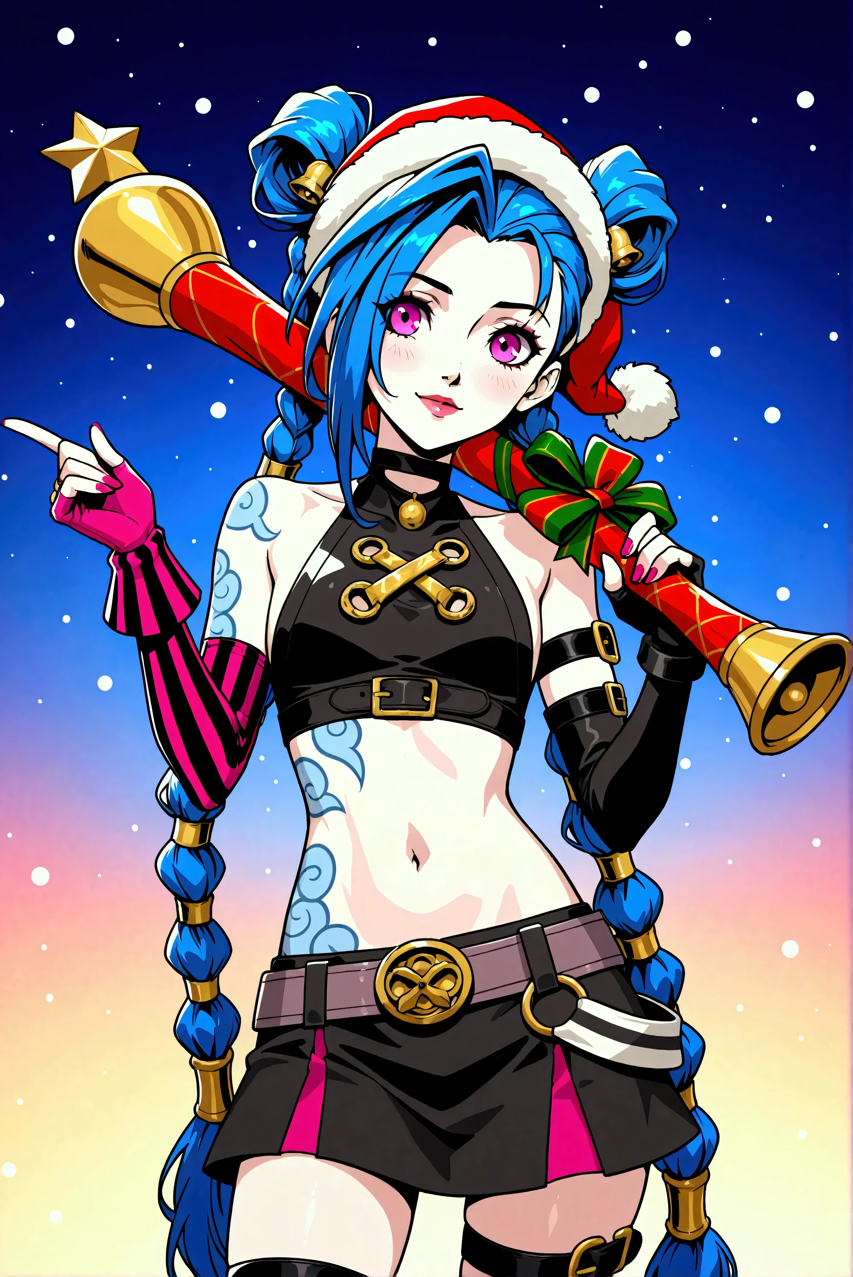 Créer une description créative et ludique d'un personnage inspiré du concept de « Nude Jinx » de noel, une représentation sexy et séduisante tout en mettant l'accent sur ses traits de personnalité, son style et la façon dont elle interagit avec le monde qui l'entoure. . Mettez l'accent sur sa nature ludique, son énergie vibrante et son sens unique de la mode d'une manière légère et artistique. Create a design or concept inspired by the character Jinx from the game *League of Legends* with a holiday twist, incorporating elements that reflect both her chaotic persona and the festive spirit of Christmas. Use bright colors, playful motifs, and unexpected contrasts to capture her mischievous nature while celebrating the joy of the holiday season. Consider elements such as decorations, outfits, and interactions with traditional holiday symbols. Aim for a fun and whimsical design that balances Jinx's wild energy with the warmth of festive cheer.