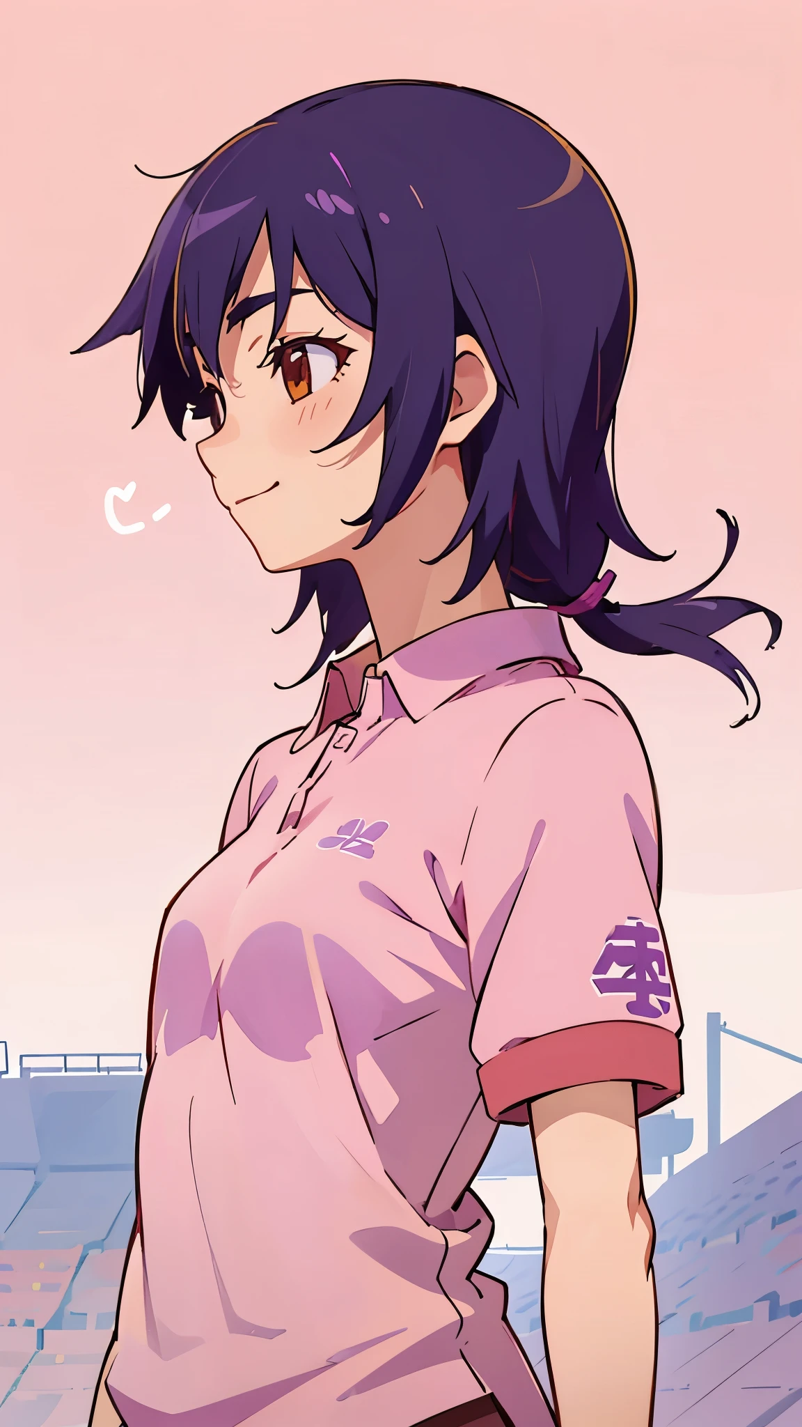 One girl、Anime drawings、Indigo Hair、 boyish shortcuts、 beautiful brown eyes 、 bright color、 pink polo shirt facing in that direction、smile、 upper body closeup、profile、stadium stand background