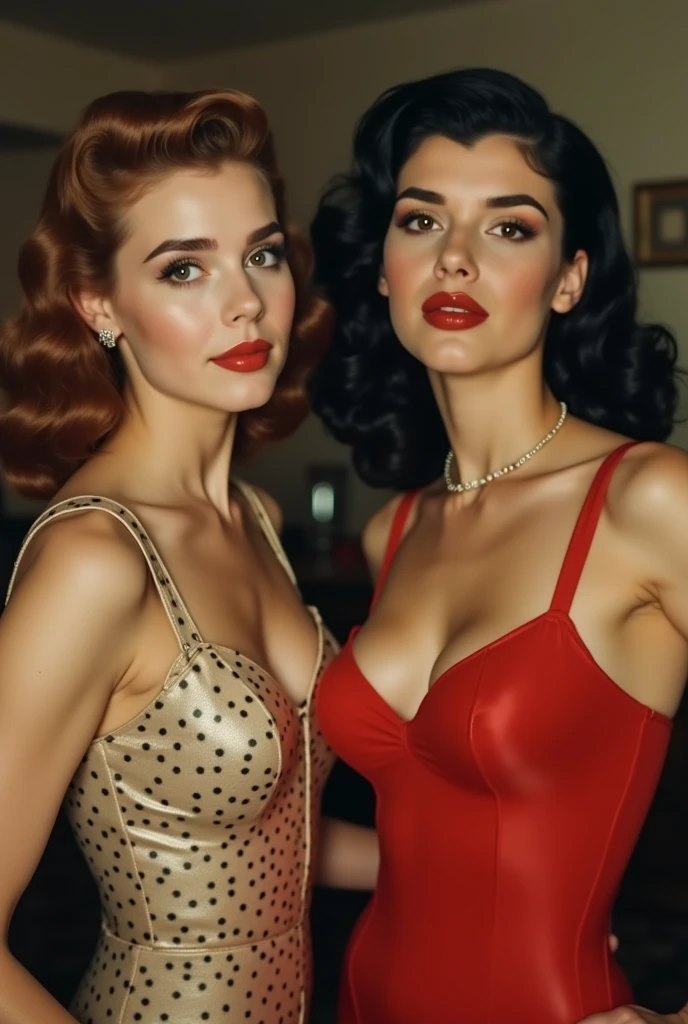 Generate a high-resolution image featuring a glamorous pin-up girl in a retro style. The girl should exude confidence and sensuality while posing in a vintage fashion reminiscent of the 1950s. Incorporate classic elements such as red lipstick, a polka-dot bikini, and wavy, voluminous hair. Scene is waiting on tables in a 1950s diner. Ensure the lighting enhances the overall aesthetic, giving the image a warm, nostalgic feel. Capture the essence of classic pin-up art with a modern twist, combining allure and timeless elegance. (full body:1.5), enormous tits, in the style of Bettie Paige