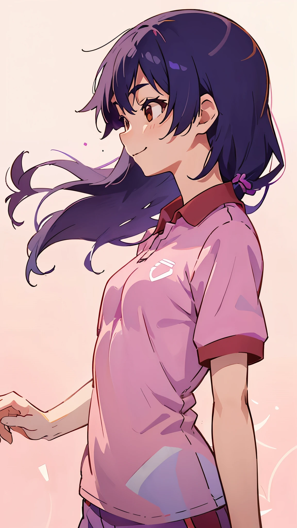 One girl、Anime drawings、Indigo Hair、 boyish shortcuts、 beautiful brown eyes 、 bright color、 pink polo shirt facing in that direction、smile、 upper body closeup、profile、stadium stand background