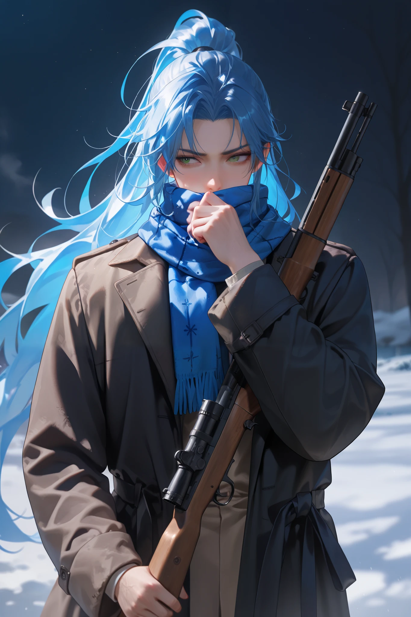 masterpiece, best quality, detailed eyes, semi realistic, 8k, male, night background, black medieval man hoodle coat, wearing blue long blue scarf, covering mouth with scarf, holding old rifle, long ponytail blue hair, green eye, strict face, solo charactor, fantasy