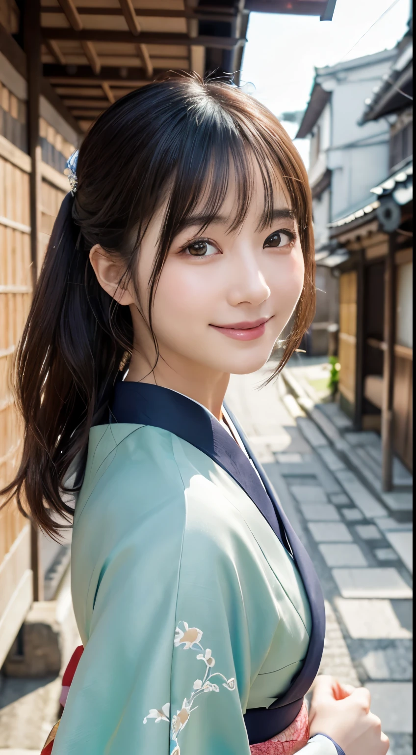 professional lighting,(Photoreal:1.4), (Top image quality:1.0), (超A high resolution:1.0), 8k, Raw photography, (masterpiece:0.2), (Pueros face_v1:0.5)、(最高quality Detail:1.2)、realistic、8k UHD、High resolution、(1 girl:1.2)、超detailedな、High quality textures、intricate details、detailed、Very detailed CG、High quality shadows、detailed 美しく繊細な顔、Beautiful details and delicate eyes、(symmetrical eyes:1.2),Depth of the bounds written、ray tracing,1 girl, japanese girl, (natural smile:1.4),cute, thin, Portrait of a beautiful Japanese woman wearing a kimono, Standing elegantly on a street corner in Kyoto. A kimono with bright traditional patterns, Hair decorated with an elegant and delicate hairpin, and a gentle expression. (Against the backdrop of the old streets of Kyoto:1.4)、soft light on a spring afternoon、adds tranquility to the scene. Rendered in a realistic style with great attention to detail, High resolutionの画像.sky porn, magic hour, (realistic:1.3), finely, quality, (table top:1.2), (realistic:1.2), (最高quality), (複雑なdetailed), dramatic, ray tracing, photograph, +roller