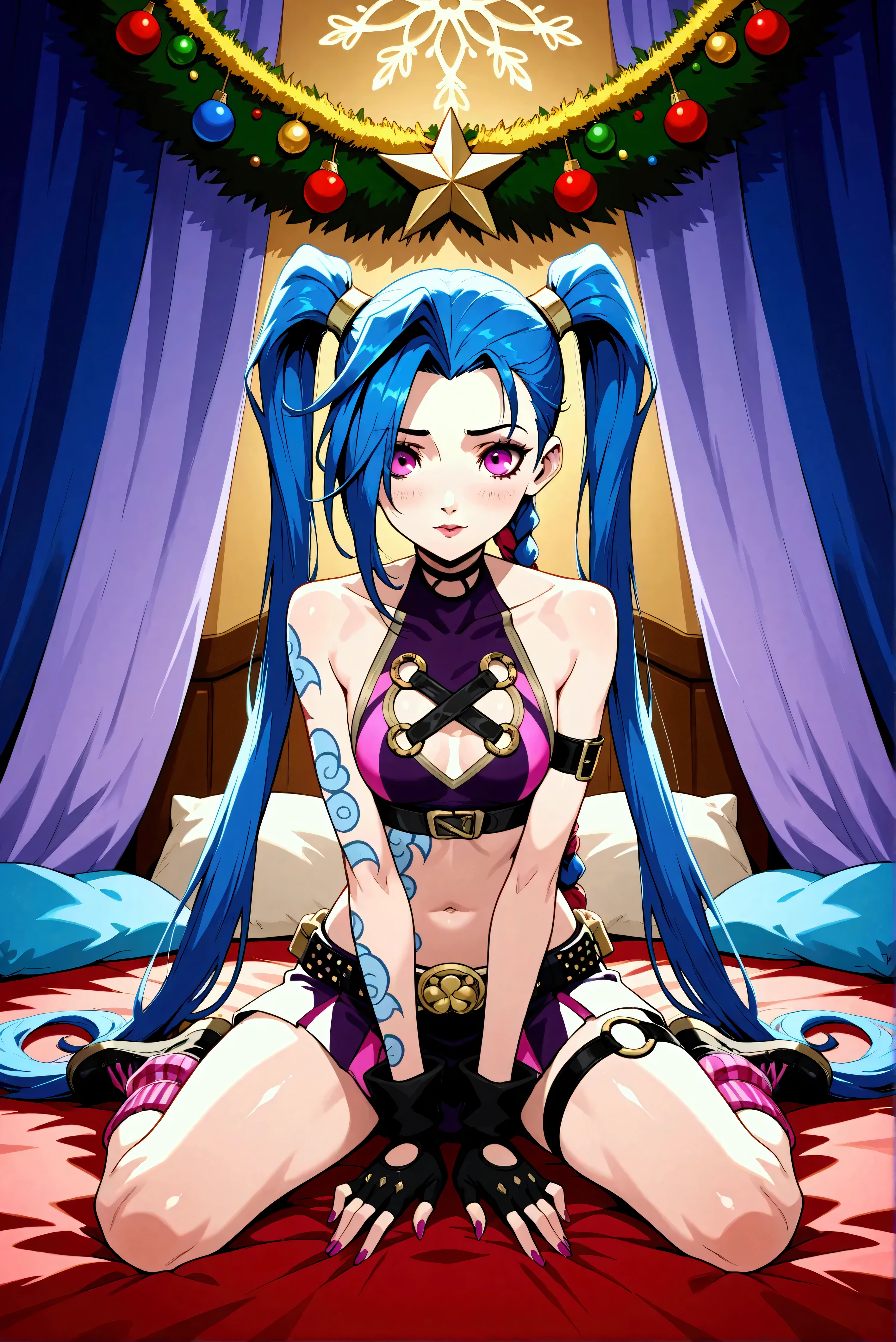 Créer une description créative et ludique d'un personnage inspiré du concept de « Nude Jinx » de noel, une représentation sexy et séduisante tout en mettant l'accent sur ses traits de personnalité, son style et la façon dont elle interagit avec le monde qui l'entoure. . Mettez l'accent sur sa nature ludique, son énergie vibrante et son sens unique de la mode d'une manière légère et artistique. Create a design or concept inspired by the character Jinx from the game *League of Legends* with a holiday twist, incorporating elements that reflect both her chaotic persona and the festive spirit of Christmas. Use bright colors, playful motifs, and unexpected contrasts to capture her mischievous nature while celebrating the joy of the holiday season. Consider elements such as decorations, outfits, and interactions with traditional holiday symbols. Aim for a fun and whimsical design that balances Jinx's wild energy with the warmth of festive cheer.