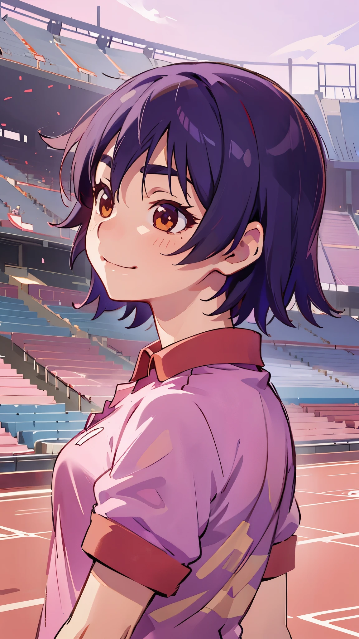 One girl、Anime drawings、Indigo Hair、 boyish shortcuts、 beautiful brown eyes 、 bright color、 pink polo shirt facing in that direction、smile、 upper body closeup、profile、stadium stand background