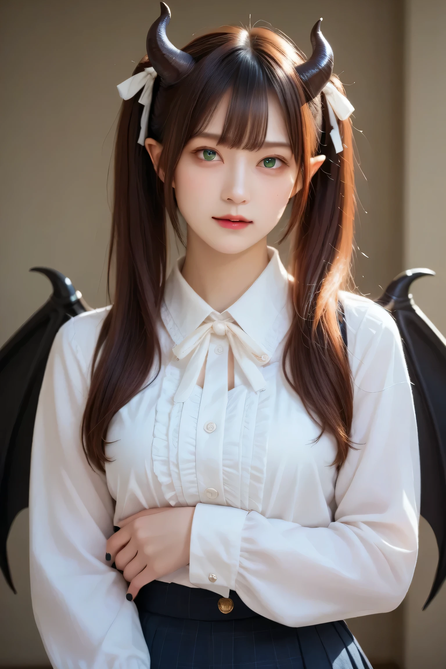 parameter masterpiece , best quality , lively, very aesthetic, High Contrast , Semi-realistic, up to date,
Cinematic Lighting,up to date,Tactical Use of Shadows ,
from_ and ,full_shot,head_,Suspicious look,
1 girl,Alone, demon girl,Red Hair, long hair,blunt bangs , twin tails, green eyes, pointed ears, Demon's Horn ,On two sides,midriff, white ribbon , long sleeve ,large chest, demon wings , black wings, demon tail ,frills,Black nails,socks,black socks, No Shoes ,chest,d,,
横fromのshot、 covering、, Dark Room、Suspicious Room,side view