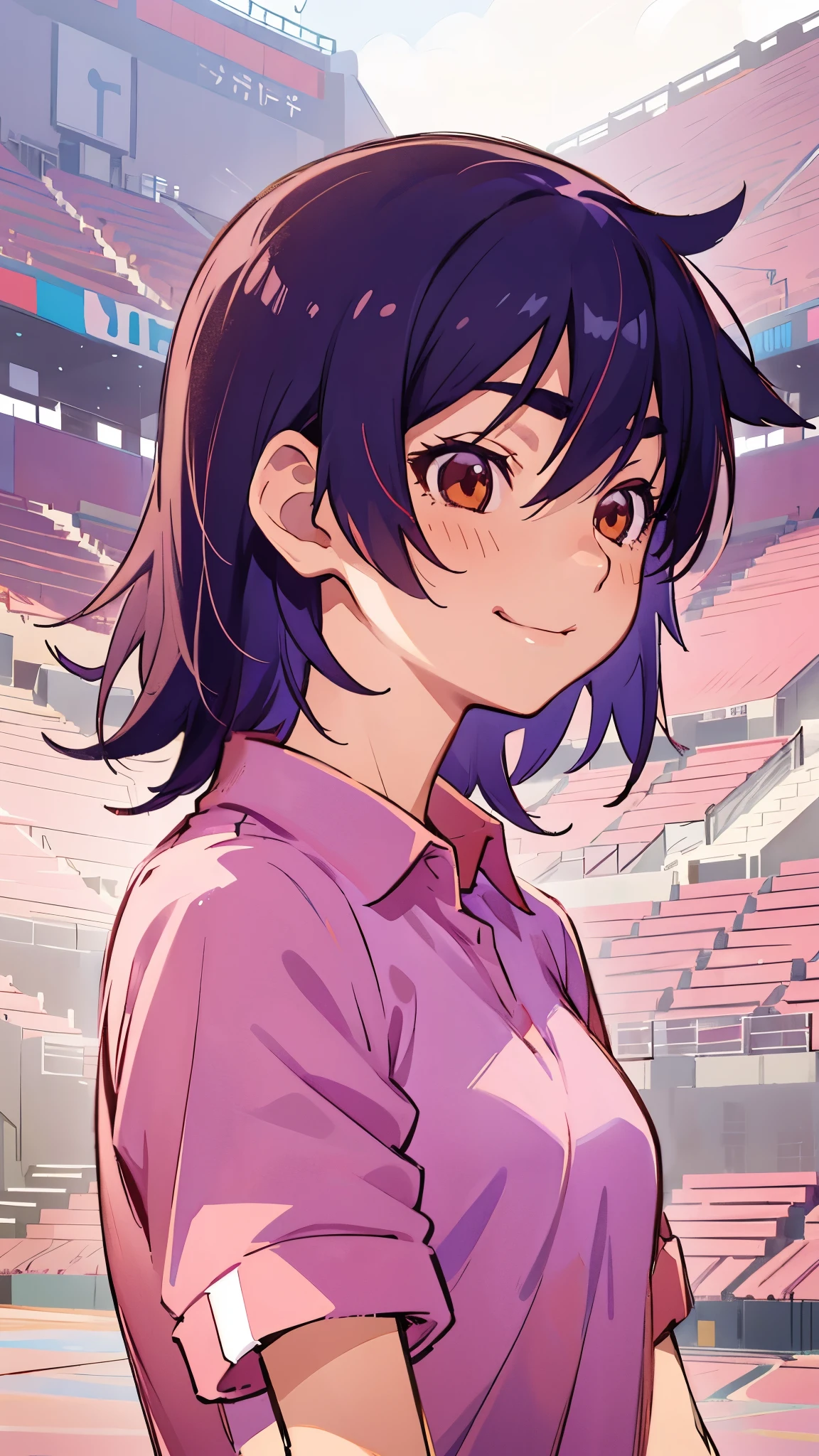 One girl、Anime drawings、Indigo Hair、 boyish shortcuts、 beautiful brown eyes 、 bright color、 pink polo shirt facing in that direction、smile、 upper body closeup、profile、stadium stand background