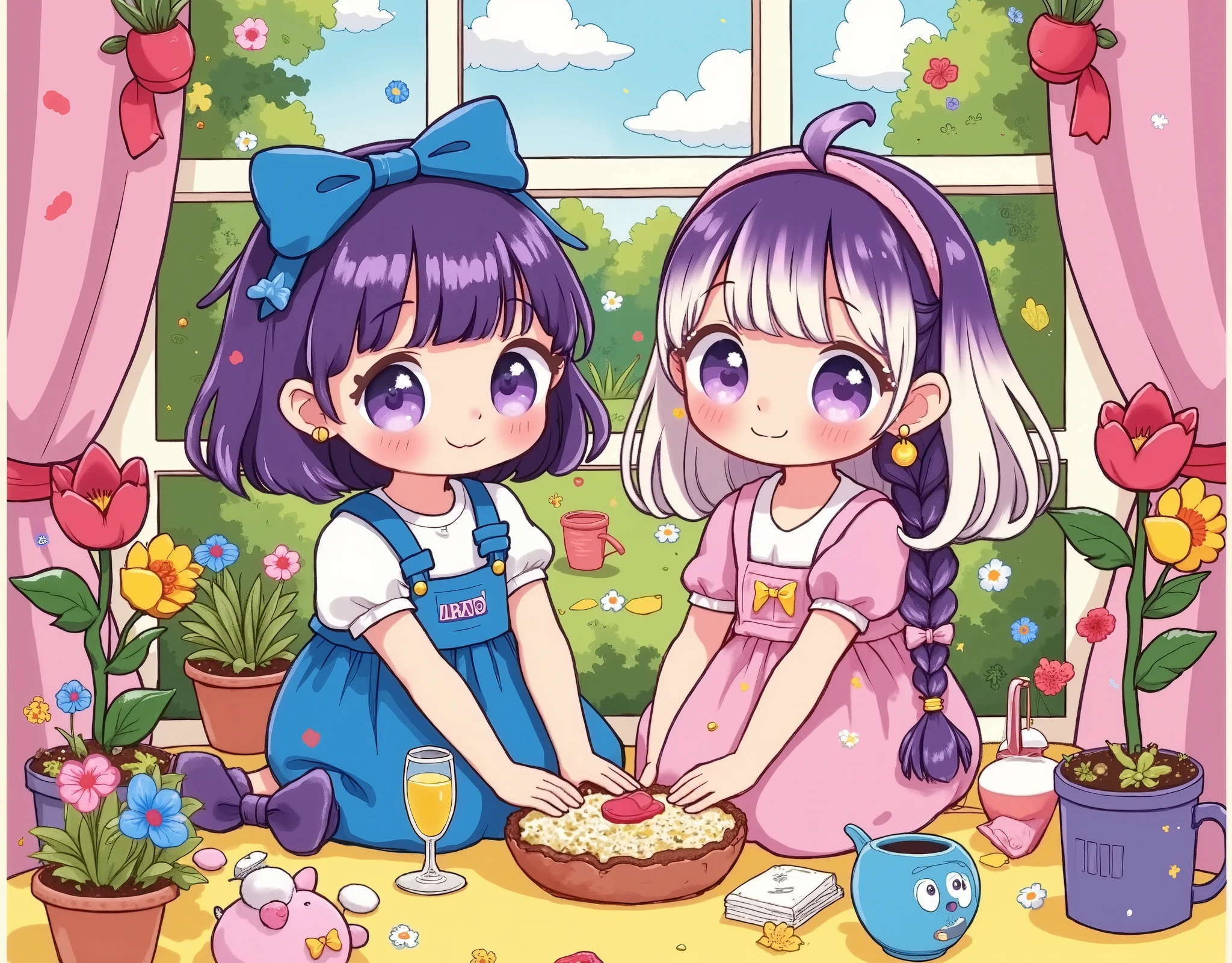  best quality, Official Art ,wallpaper,90s cartoons, slightly retro color , riso print style,illustration, cute,(2 girls),yinji, ( purple hair ,  purple eyes ,  long hair, White hair, Double braid,  gradient hair color ),Flowers,window,flowerpot,Hand-drawn style,illustration,平面illustration,