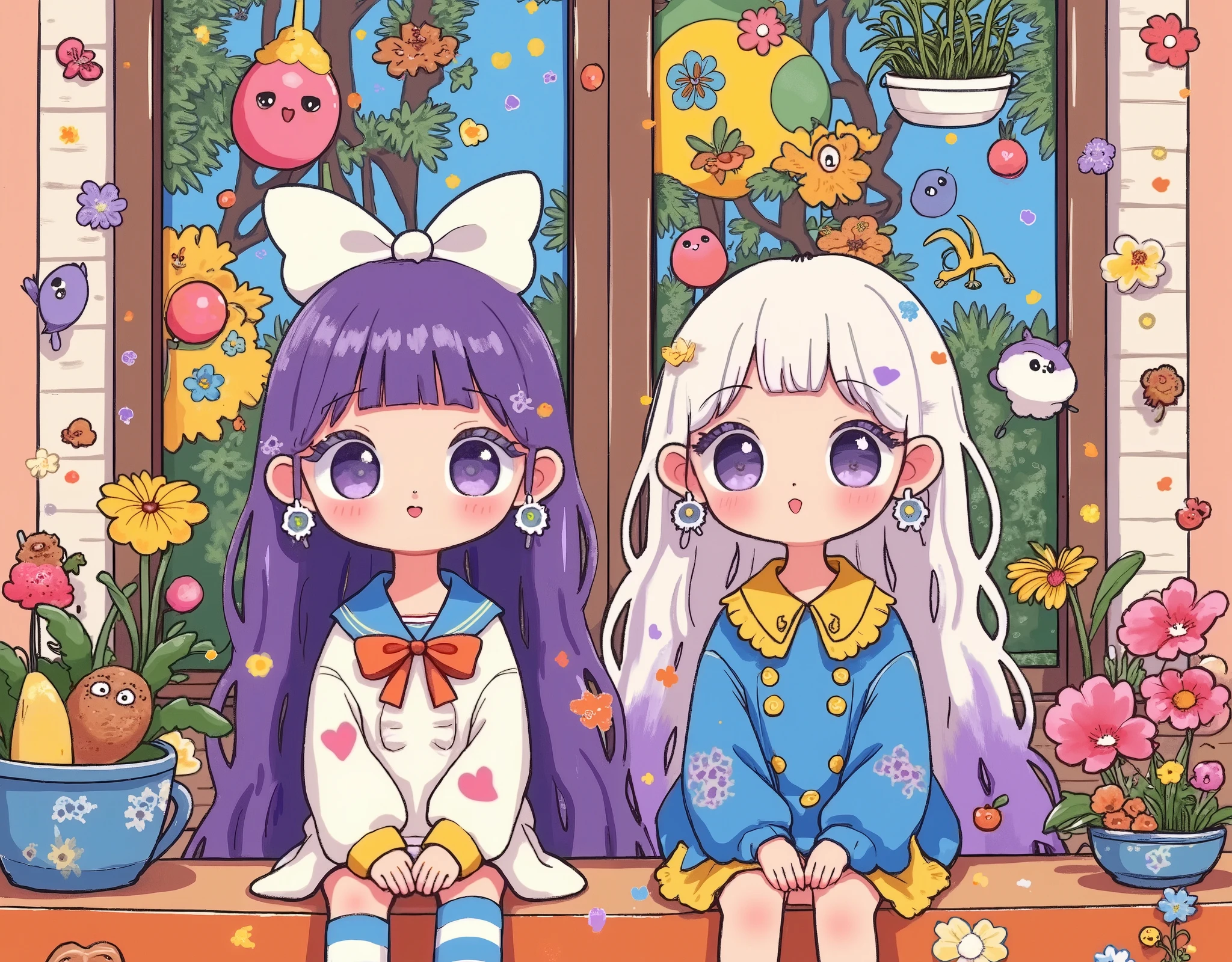 best quality, Official Art ,wallpaper,90s cartoons, slightly retro color , riso print style,illustration, cute,(2 girls),yinji, ( purple hair , purple eyes , long hair, White hair, Double braid, gradient hair color ),Flowers,window,flowerpot,Hand-drawn style,illustration,平面illustration,