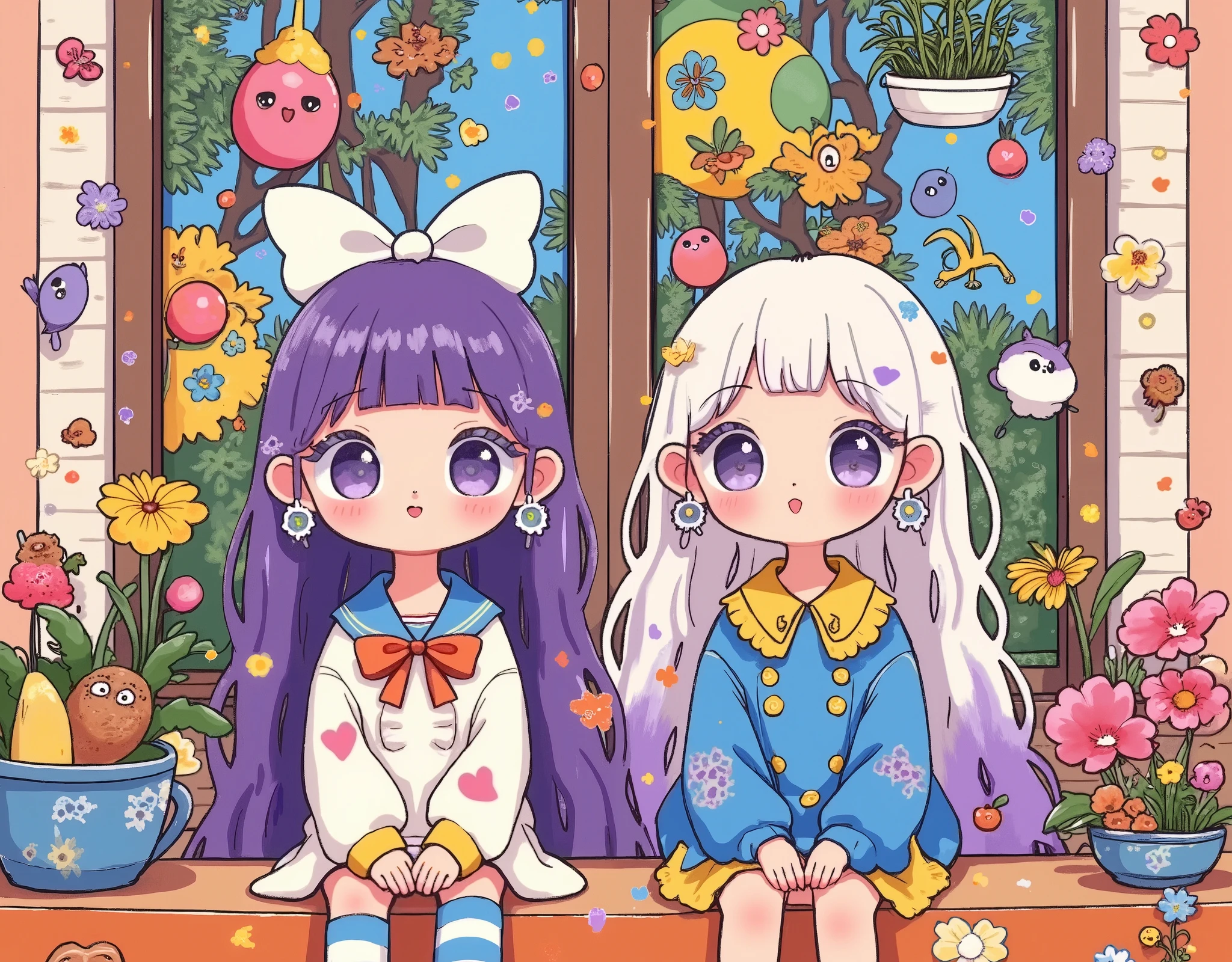 best quality, Official Art ,wallpaper,90s cartoons, slightly retro color , riso print style,illustration, cute,(2 girls),yinji, ( purple hair , purple eyes , long hair, White hair, Double braid, gradient hair color ),Flowers,window,flowerpot,Hand-drawn style,illustration,平面illustration,