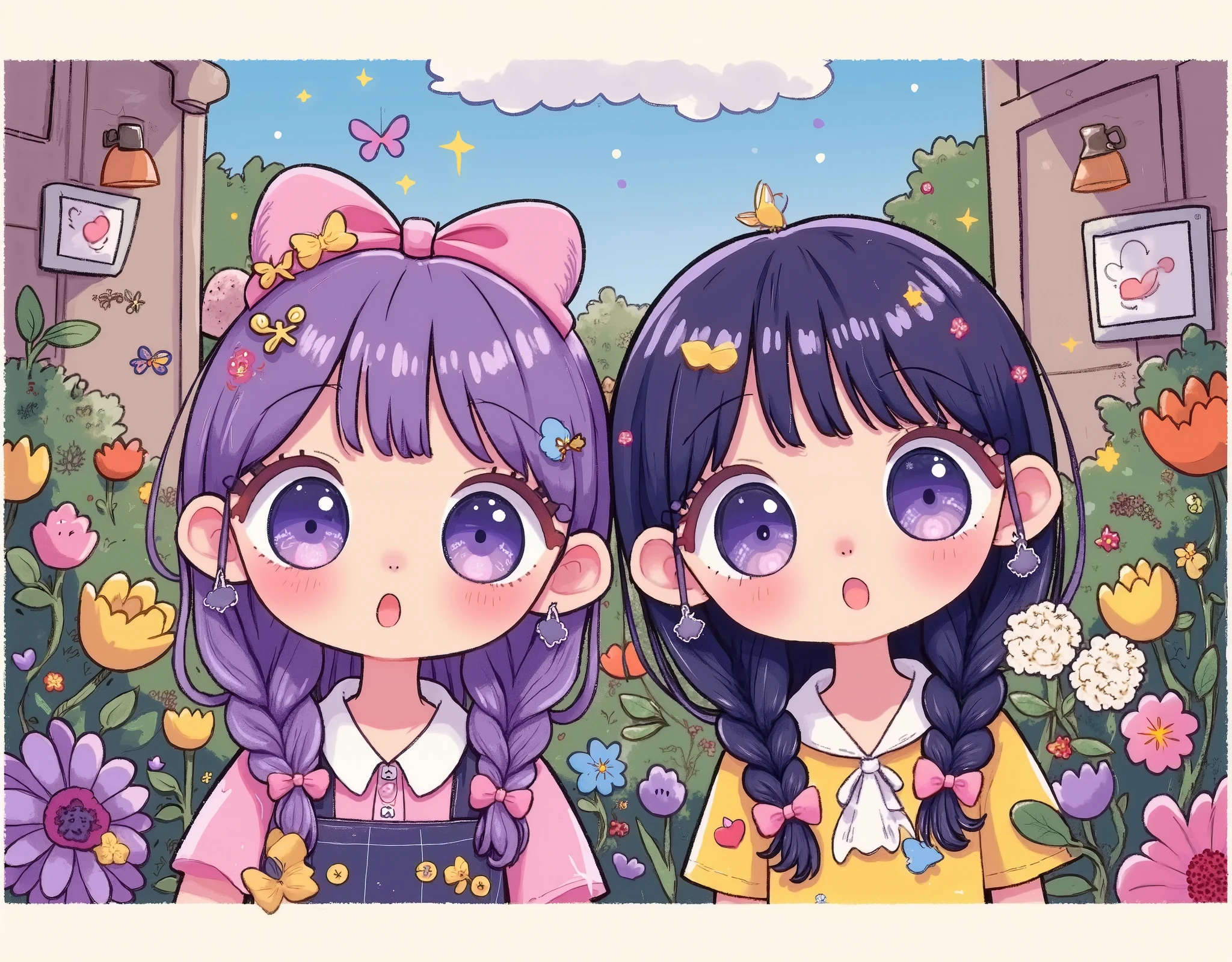 A girl with purple hair and purple eyes, two braids, gradient hair color, in a garden with flowers and a window, cute and whimsical illustration, official art style, 90s anime-inspired, riso printing effect, masterpiece, (best quality, 4k, 8k, highres, ultra-detailed, realistic, photorealistic:1.37), vibrant colors, soft, pastel tones, natural lighting, flat illustration style, (2girls)