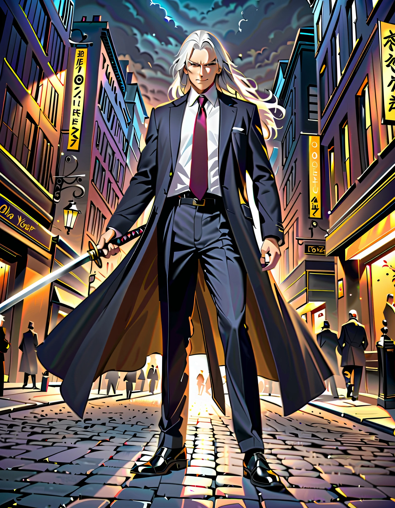 (masterpiece), (best quality), (hires), 1male, male focus, solo, solo focus, black footwear, coat, open coat, formal, full body, holding, holding sword, holding weapon, long hair, long sleeves, male focus, necktie, old, old man, pants, shirt, solo, suit, katana, sword, weapon, white hair, new york backdrop, cowboy shot, noir atmosphere