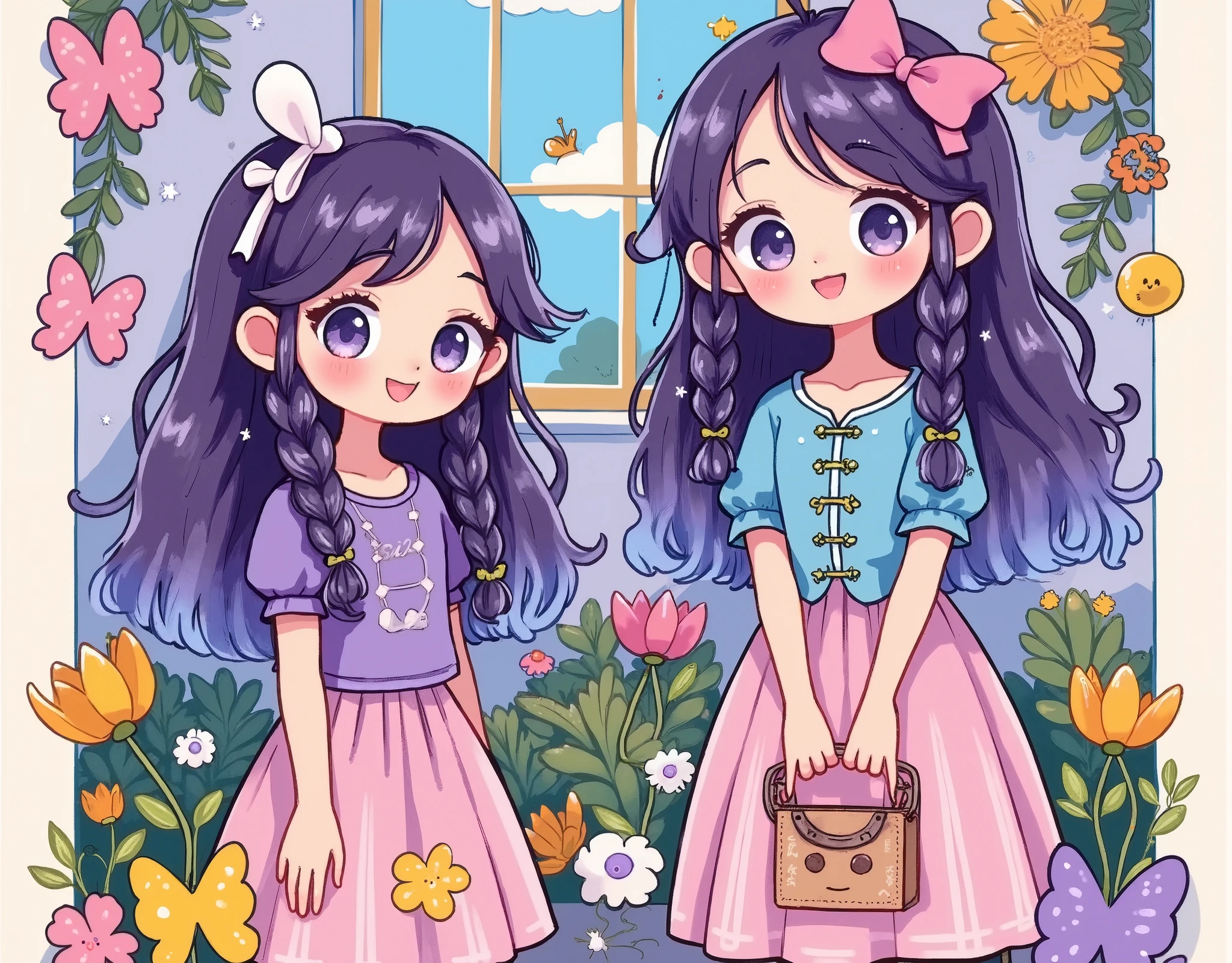 A girl with purple hair and purple eyes, two braids, gradient hair color, in a garden with flowers and a window, cute and whimsical illustration, official art style, 90s anime-inspired, riso printing effect, masterpiece, (best quality, 4k, 8k, highres, ultra-detailed, realistic, photorealistic:1.37), vibrant colors, soft, pastel tones, natural lighting, flat illustration style, (2girls)
