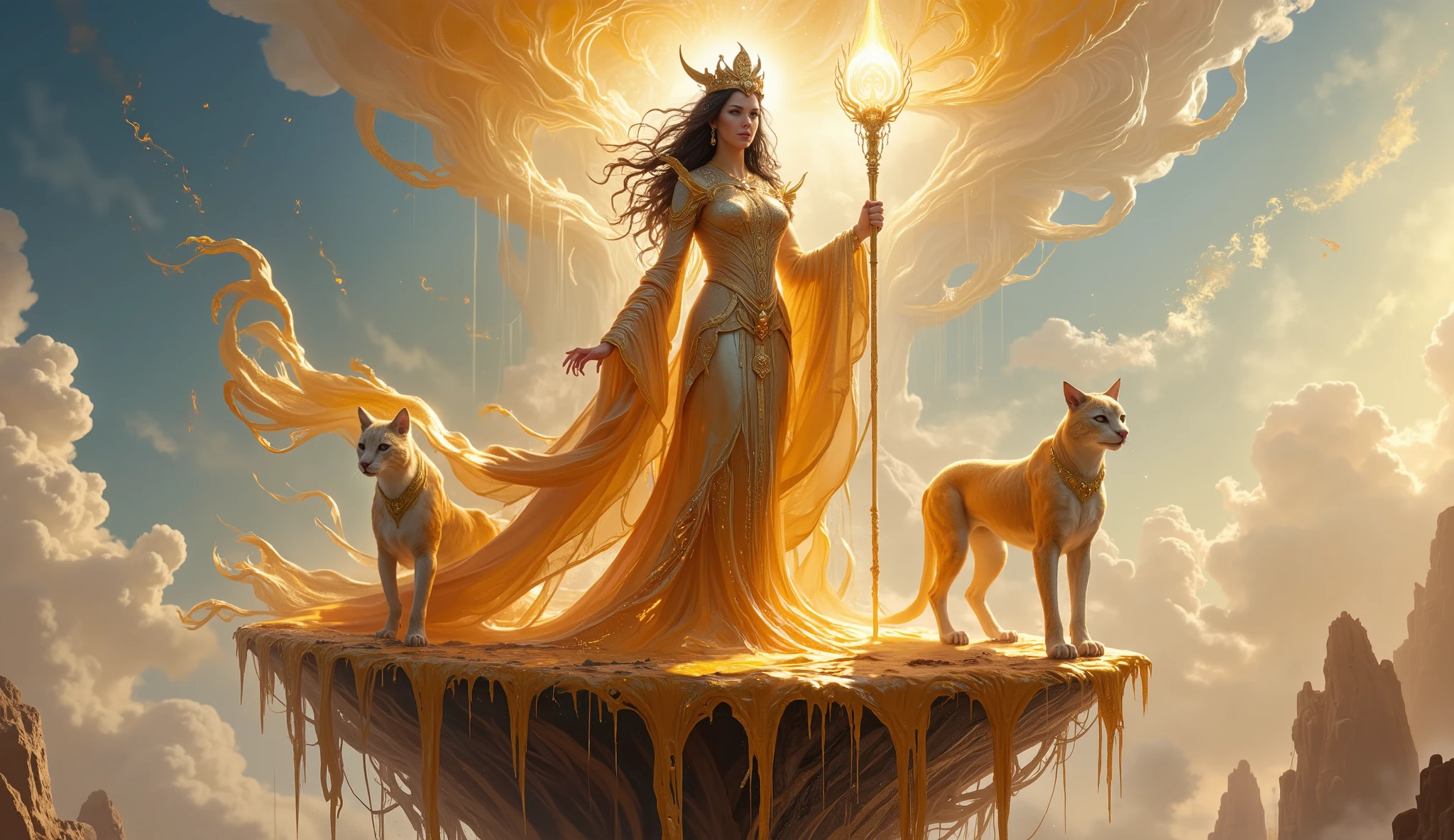 (best quality, 128k,highres,masterpiece:1.2),ultra-detailed,(realistic,photorealistic,photo-realistic:1.37), ((masterpiece)) ((photography)) ((Highest quality)) A fantasy scene of a goddess queen with a golden crown and a shimmering, jewel-encrusted gown that seems to flow like liquid gold. She stands on a floating island, holding a magical scepter that radiates an ethereal light. Her long, dark hair billows around her, and her expression is one of serene authority and mystical power. Surrounding her are lynxes, each glowing with an otherworldly aura. The island is suspended in a vast sky, surrounded by swirling energy and radiant clouds, creating a mystical atmosphere of divine royalty.