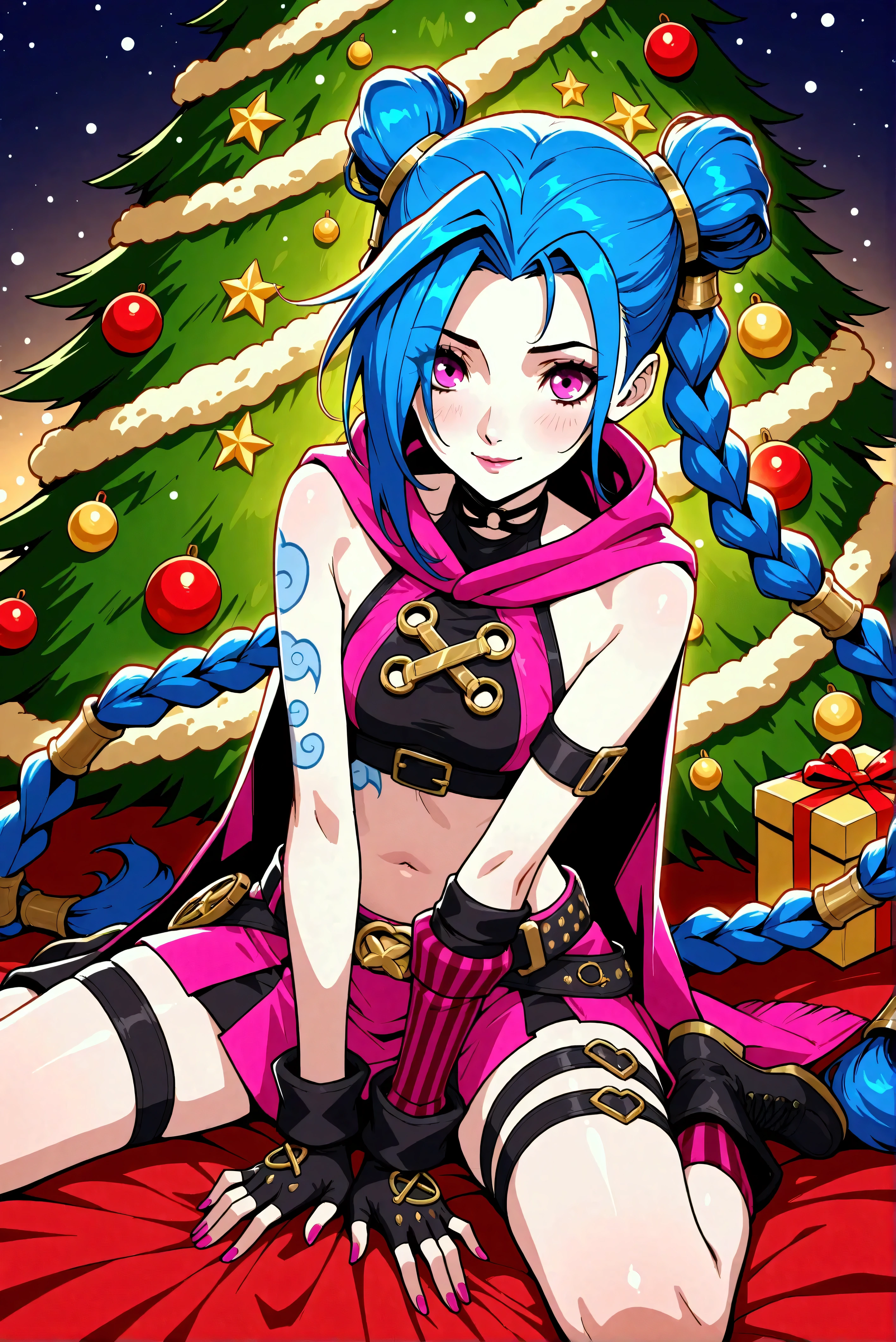 Créer une description créative et ludique d'un personnage inspiré du concept de « Nude Jinx » de noel, une représentation sexy et séduisante tout en mettant l'accent sur ses traits de personnalité, son style et la façon dont elle interagit avec le monde qui l'entoure. . Mettez l'accent sur sa nature ludique, son énergie vibrante et son sens unique de la mode d'une manière légère et artistique. Create a design or concept inspired by the character Jinx from the game *League of Legends* with a holiday twist, incorporating elements that reflect both her chaotic persona and the festive spirit of Christmas. Use bright colors, playful motifs, and unexpected contrasts to capture her mischievous nature while celebrating the joy of the holiday season. Consider elements such as decorations, outfits, and interactions with traditional holiday symbols. Aim for a fun and whimsical design that balances Jinx's wild energy with the warmth of festive cheer.