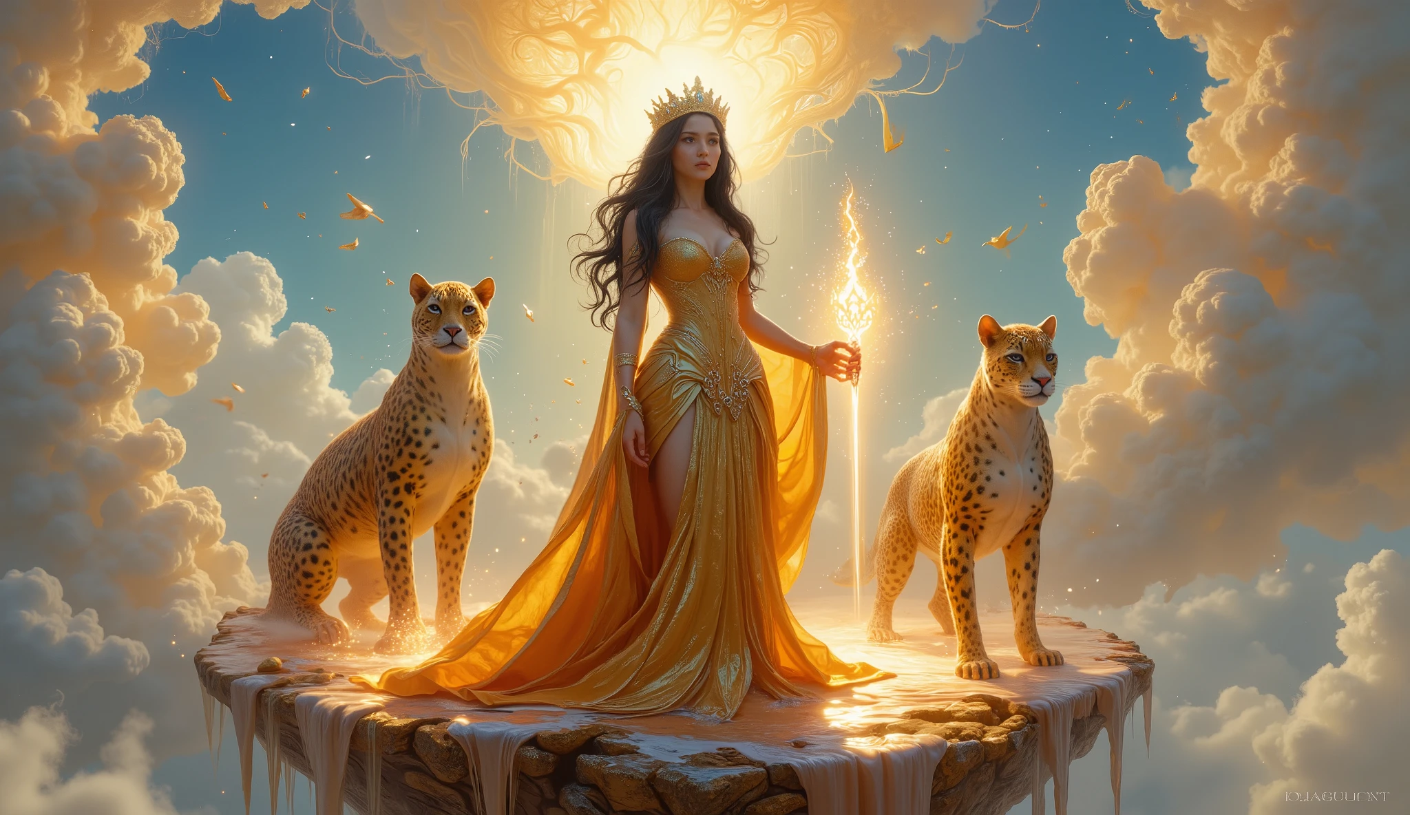 (best quality, 128k,highres,masterpiece:1.2),ultra-detailed,(realistic,photorealistic,photo-realistic:1.37), ((masterpiece)) ((photography)) ((Highest quality)) A fantasy scene of a goddess queen with a golden crown and a shimmering, jewel-encrusted gown that seems to flow like liquid gold. She stands on a floating island, holding a magical scepter that radiates an ethereal light. Her long, dark hair billows around her, and her expression is one of serene authority and mystical power. Surrounding her are panthers, each glowing with an otherworldly aura. The island is suspended in a vast sky, surrounded by swirling energy and radiant clouds, creating a mystical atmosphere of divine royalty.