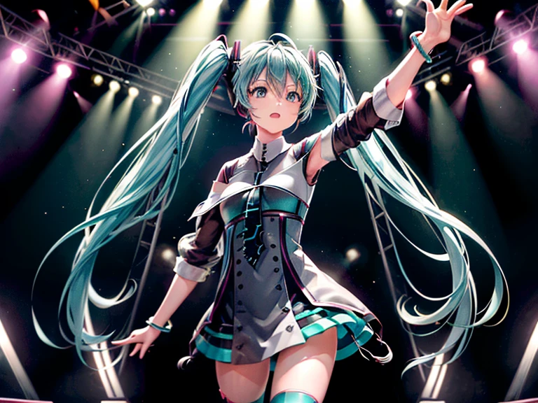 This painting depicts an active and colorful dance party scene featuring Hatsune Miku.。She was dancing in the center of the dance floor、Colorful neon lights are shining all around.。