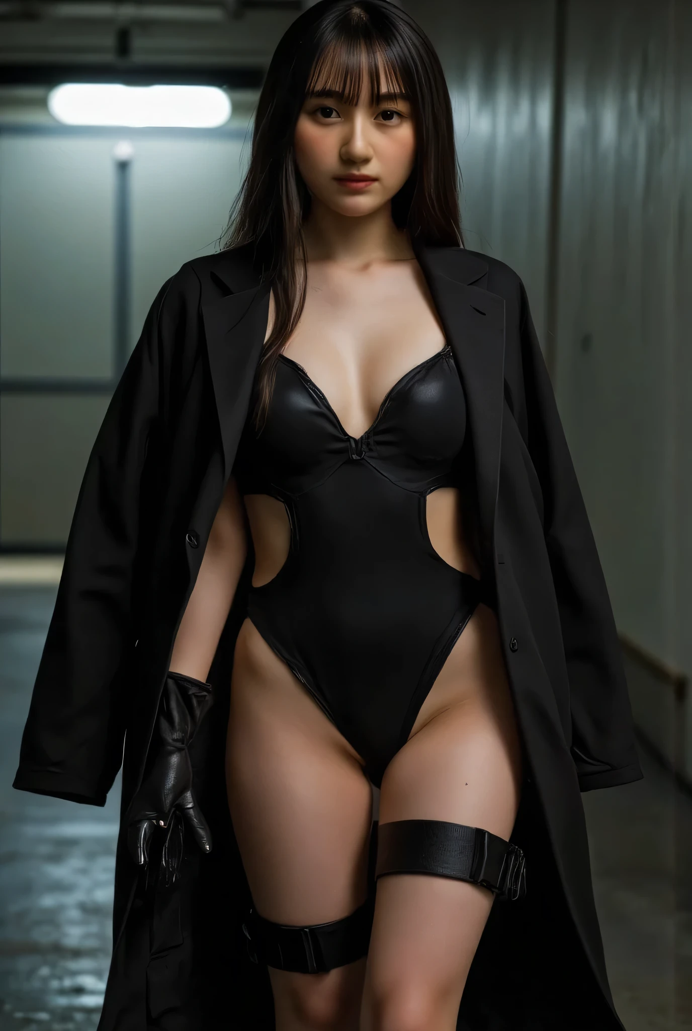 ((Inside a dark base in the near future:1.5),(( cyberpunk vibe :1.5)),( blurry background:1.5),((whole body:2.0)),((( futuristic SWAT troop style black super high leg bodysuit:2.0))),((Shiny ultra high leg leotard :1.5)),cami style ,(( tight latex high leg leotard that fits the body)),(( wear a military jacket with an open front over a leotard :1.9)),((ear monitor:1.5)),(((Tactical Holster:1.5))),( gloves:1.5),( one woman), cute face,Beautiful well-balanced face ,( 20 year old Japanese woman), ( Glamorous Shots of Japanese Women ),( Slender Beautiful Body :1.5),( model body type),Slim body,(( big breasts:1.5)),(((Bare thighs:1.8))),((Voluptuous thighs:1.5)),( delicate body:2.0),((Very sensual:1.5)),(( :1.5)),(Hold a futuristic laser gun:2.0),(( perfect body line)),(( Ideal Proportions )), realistic skin texture,( natural big breasted :1.5),( black hair:1.5),( beautiful eyes:1.3),( Shrimp:1.5)),A harmonious posture,(((masterpiece:2.0))),( best quality :1.5),( high resolution:1.5),(UHD:1.5),( movie lights:1.5),( Delicate Depiction),((( Carefully Depict Limbs Based on Perfect Anatomy:2.0)),( carefully drawn with butterfly wings ))),32K, Polo, ULTRA DETAILS,((超 high resolution)), Draw eyelashes carefully, ( very detailed face:1.5),((Highly detailed female hand:1.8)),(Sexy appearance:1.5)