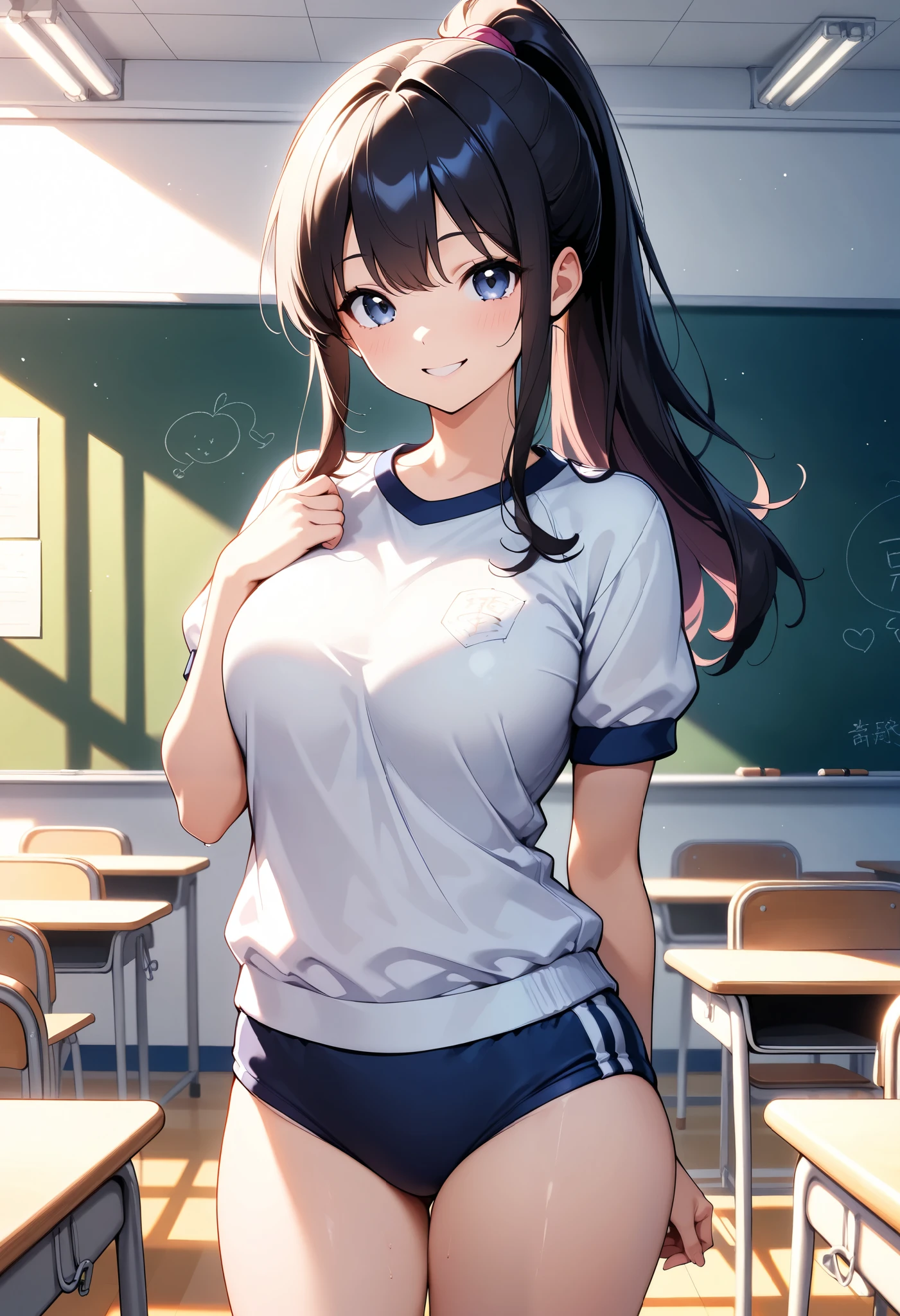 is so lovelyな女子校生, 1 snapshot of a woman, Devilish Beauty , ( black hair, ponytail, School gym clothes, buruma), standing, , smile, classroom, blackboard , Teaching Excellence, Glamor, is so lovely, colorful , lively, look at viewers, Sexy Poses, HD, very aesthetic, best quality , masterpiece.