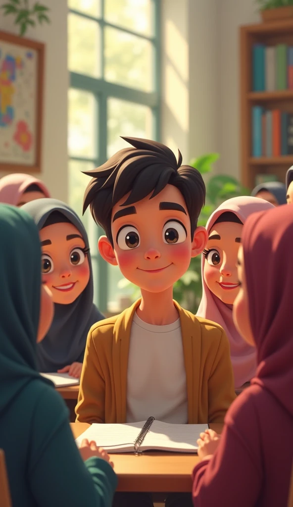 ((3 man sitting), (3 hijabbed woman)), caricaturized, casual fashion, fantasy art, happy expression, extreme detail, masterpiece, cinematic lighting, 4k, indoor background